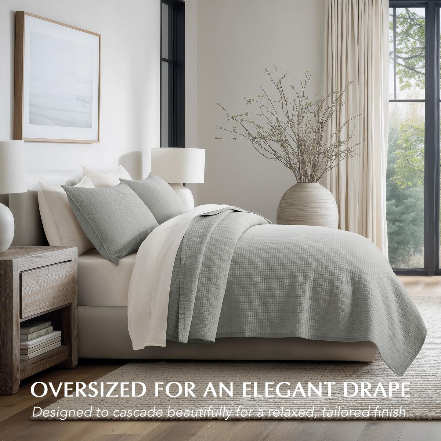 EverGrace 100% Cotton Quilt King Size, Pre-Washed Modern Grid Stitch Lightweight Bedspread Coverlet for All Season, Oversized 3-Piece Bedding Set with 2 Pillow Shams, Drizzle Gray