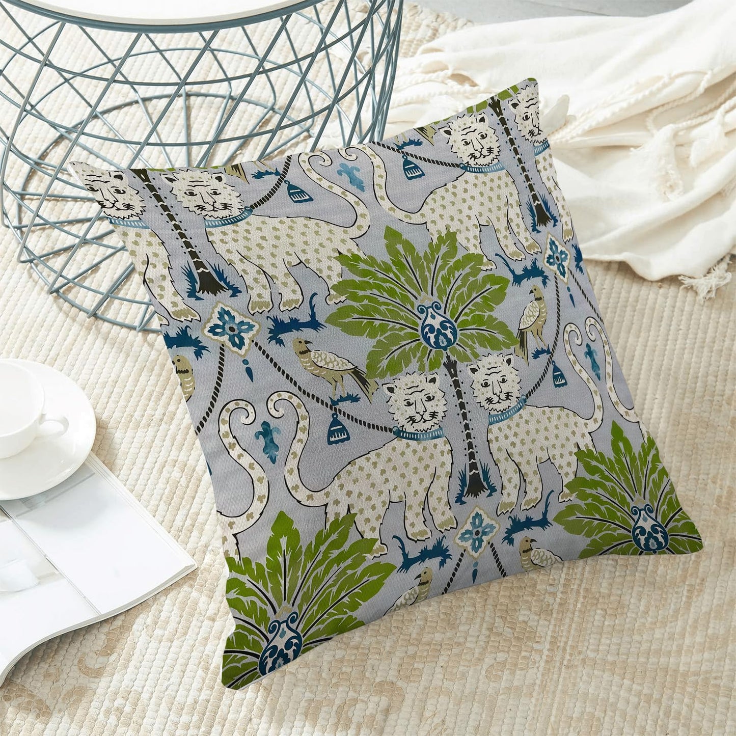 Sorktse Boho Pillow Covers 18x18 Inch Set of 2 Tropical Palm Tree Throw Pillows Blue Green Chinoiserie Asian Bird Animal Print Tiger Pillowcases Outdoor Decor Linen Cushion Covers for Sofa Cushion