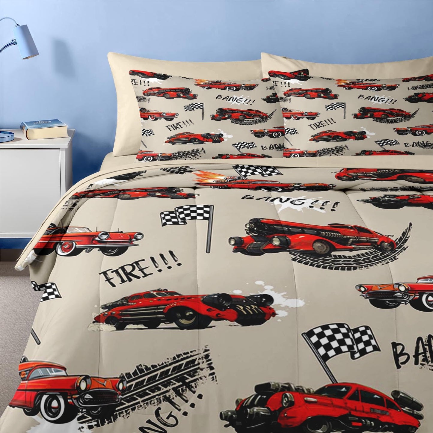 Nesker 5 Pcs Car Comforter Set Twin Size, Rad Race Car Boys Bedding Brown Black Bed in a Bag for Kids and Adults, Retro Cool Truck Bed Sheet Sets with Fitted Sheet Pillowcases & Shams