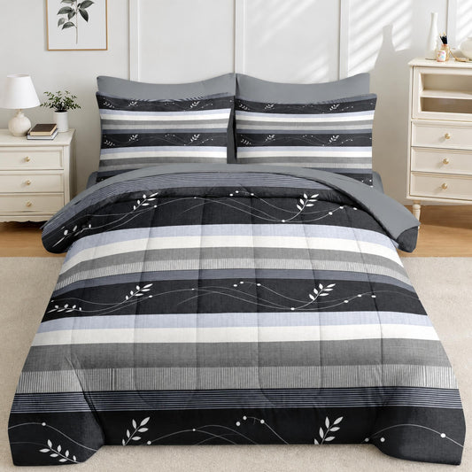 Boewywh Comforter Set Twin Size Striped Leaf Farmhouse 7 Pcs, Bedding for Kids and Adults, Bed Sheet Sets with Fitted Sheet 2 Pillowcases & 2 Shams for Bedroom Bed Decor