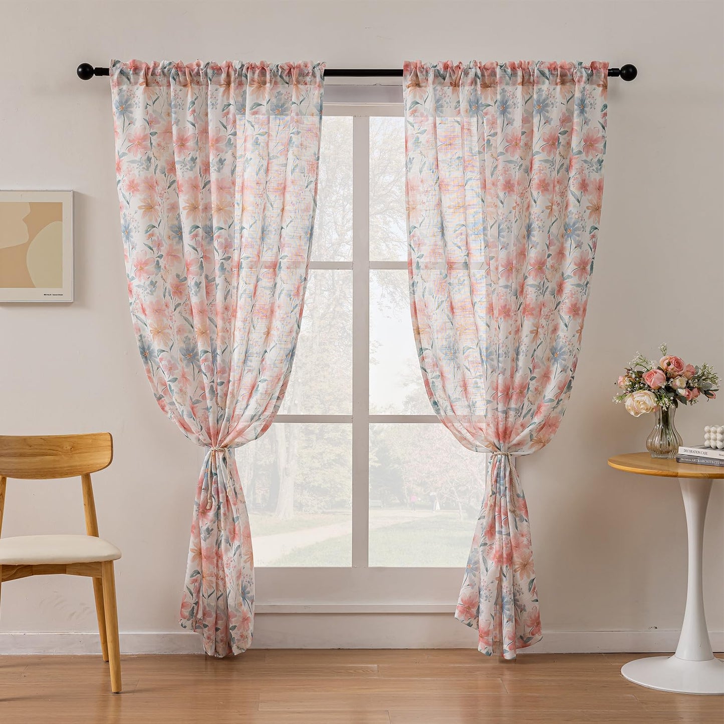SUOUO Red Floral Semi Sheer Curtains Linen Textured for Living Room 84 inches Long Rod Pocket Print Grey Blue Leaf Window Drapes for Bedroom 2 Panels