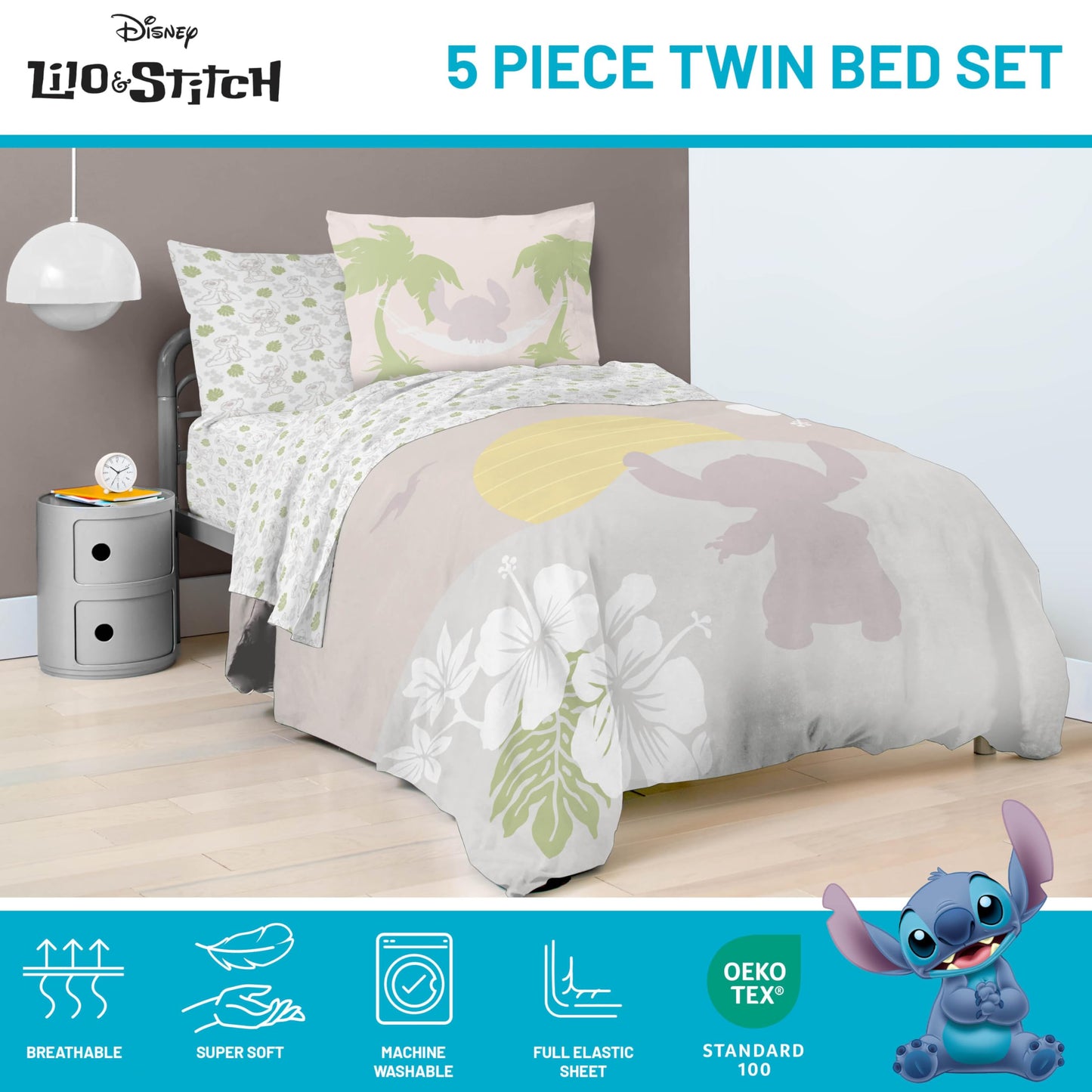 Jay Franco Disney Lilo and Stitch Twin Size Comforter Set - 5 Piece Bedding Includes Sheet Set & Pillow Covers - Super Soft Cozy Bedding
