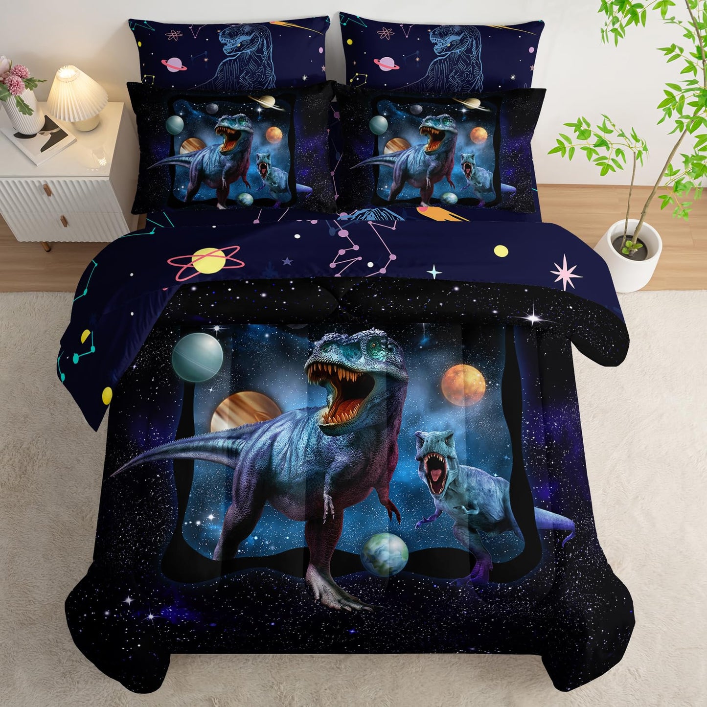 AILONEN Space Galaxy Dinosaur Comforter Set Full Size,7-Piece Soft Bed in a Bag Kids Boys Dino Comforter & Fitted Sheet & Flat Sheet & 2 Pillowcases,2 Pillow Shams for Bedroom
