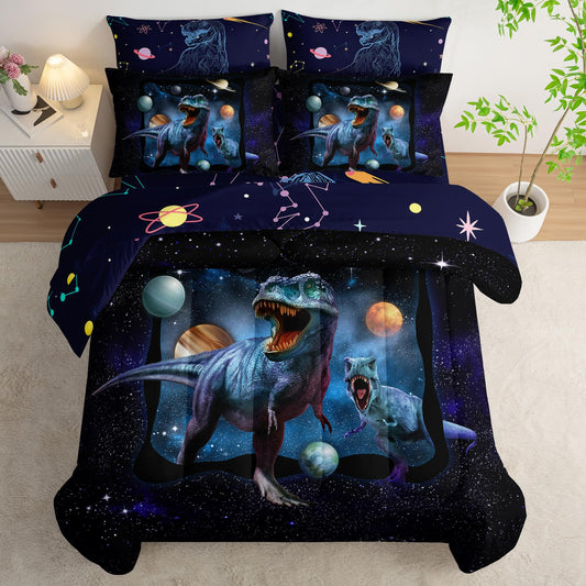 AILONEN Space Galaxy Dinosaur Comforter Set Full Size,7-Piece Soft Bed in a Bag Kids Boys Dino Comforter & Fitted Sheet & Flat Sheet & 2 Pillowcases,2 Pillow Shams for Bedroom