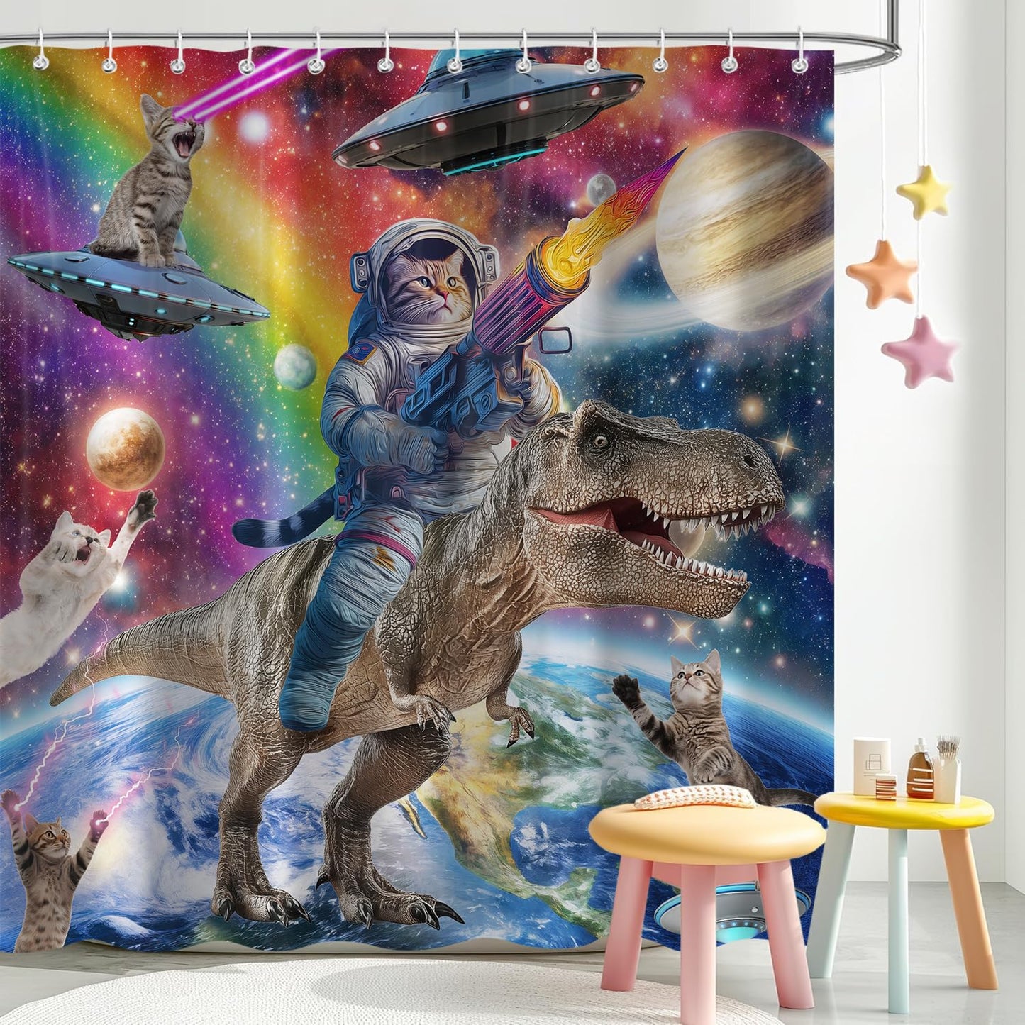 Aeyadis Funny Cat Riding Dinosaur Shower Curtain, Cool Cute Space Fantasy Galaxy Kids Shower Curtains Decor for Boys Girls Bathroom Set, Washable Waterproof Fabric with 12 Hooks, 72x72 Inch