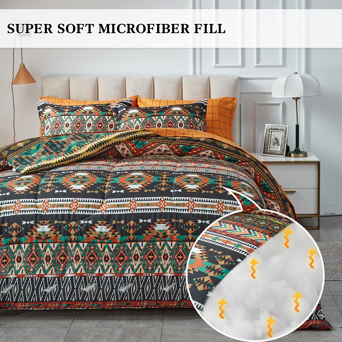 Flysheep 7 Pieces Boho Bed in a Bag Queen Size, Southwestern Bohemian Tribal Striped Printed, Reversible Bed Comforter Set (1 Comforter, 1 Flat Sheet, 1 Fitted Sheet, 2 Pillow Shams, 2 Pillowcases)