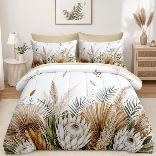 Boewywh Comforter Set Twin Size Boho Botanical Floral 7 Pcs, Bedding for Kids and Adults, Neutral Beige Bed Sheet Sets with Fitted Sheet 2 Pillowcases & 2 Shams for Bedroom Bed Decor