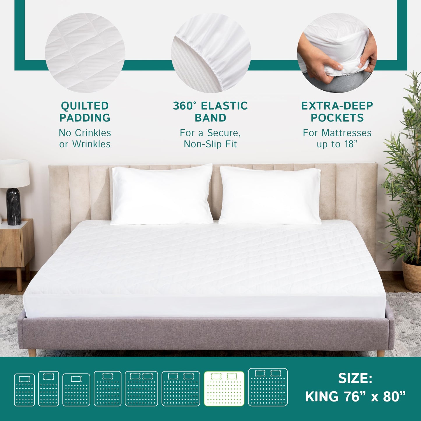 King Size Quilted Mattress Pad - Fitted Waterproof Mattress Protector, Pillow Top Mattress Topper, Premium Quality Hypoallergenic Mattress Cover
