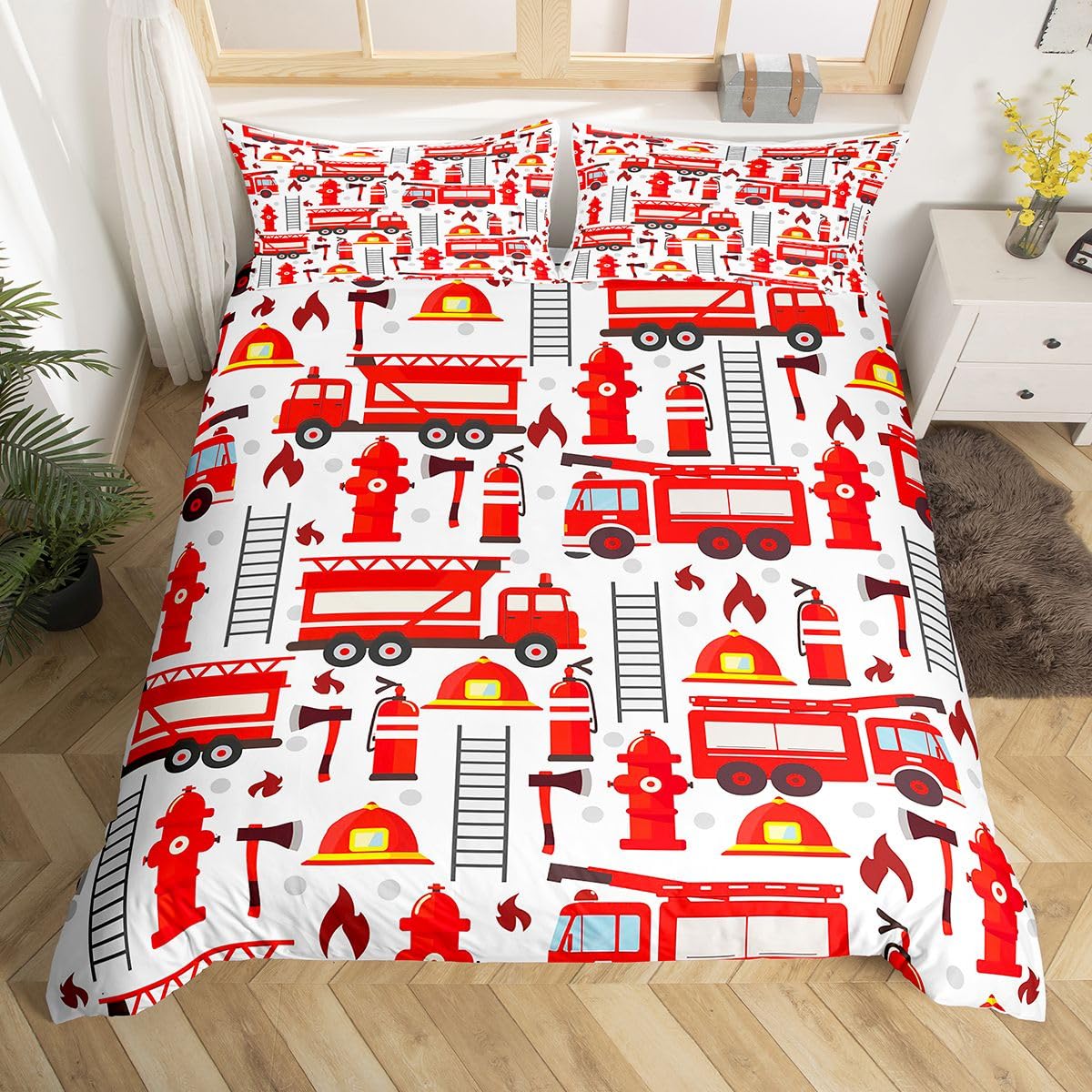 Fire Truck Bedding Set for Kids Boys Red Fire Fighting Supplies Pattern Comforter Cover Set Helmet Ladder Fire Extinguisher Fire Hydrant Print Duvet Cover Girls Adult Teens Fire Theme Beddings, King