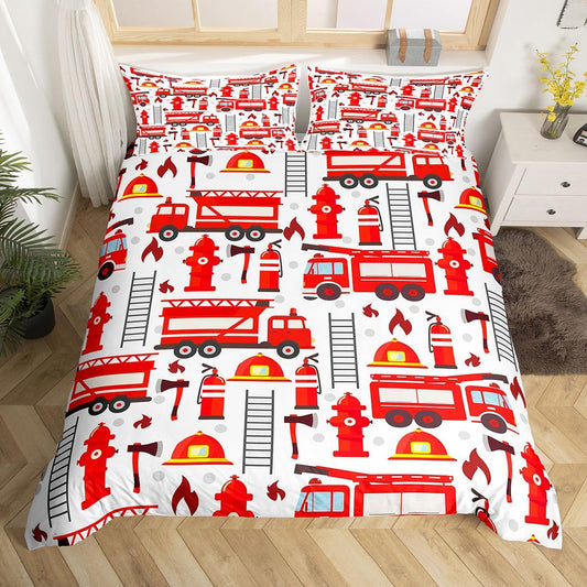 Fire Truck Bedding Set for Kids Boys Red Fire Fighting Supplies Pattern Comforter Cover Set Helmet Ladder Fire Extinguisher Fire Hydrant Print Duvet Cover Girls Adult Teens Fire Theme Beddings, King