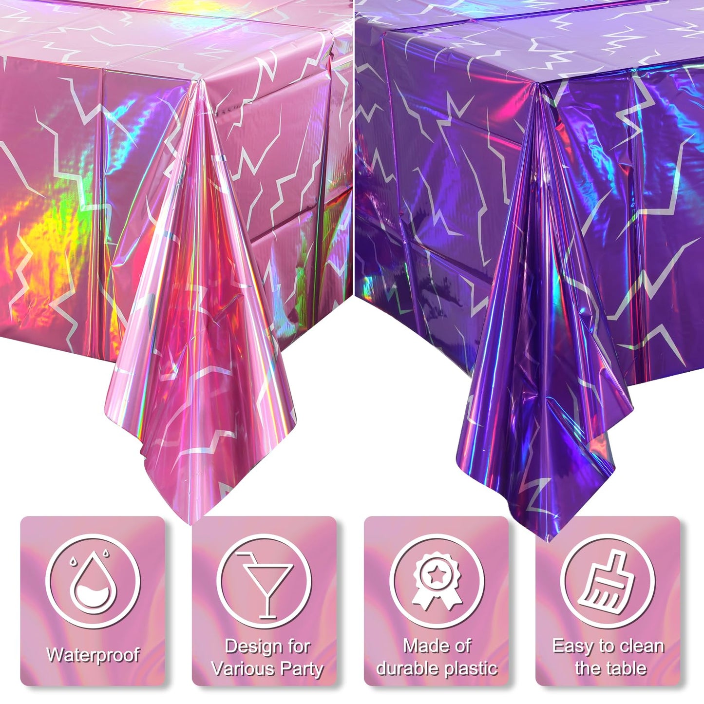 2 Pack Iridescent Pink and Purple Kpop Plastic Tablecloth 54x108 Inch, Holographic Laser Disposable Table Cover, Rectangle Pink and Purple Table Cloth for Kpop Halloween Birthday Party Decorations