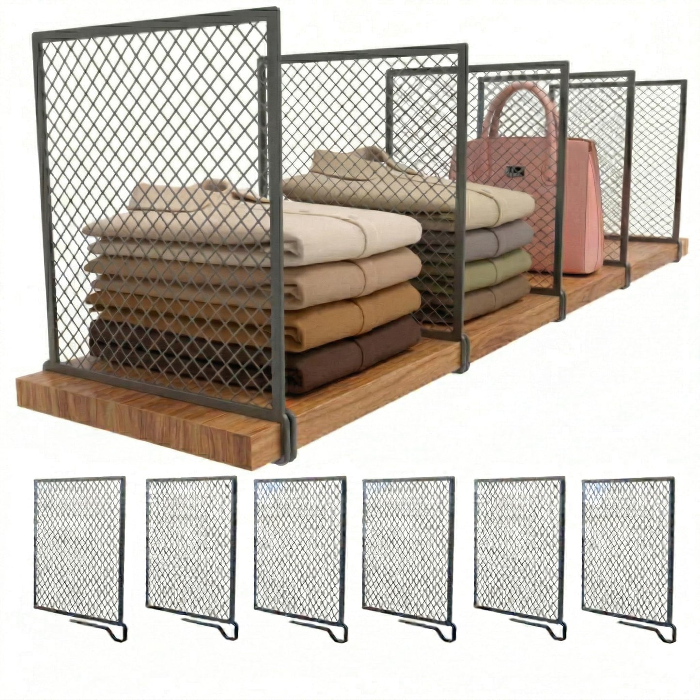 Nexu 6-Pack Metal Mesh Shelf Dividers for Closet Organization, Ultra-Stable Under-Shelf Hook Design, Matte Non-Slip Heavy Duty Purse & Handbag Organizer for Shelving, Kitchen, Office Grey