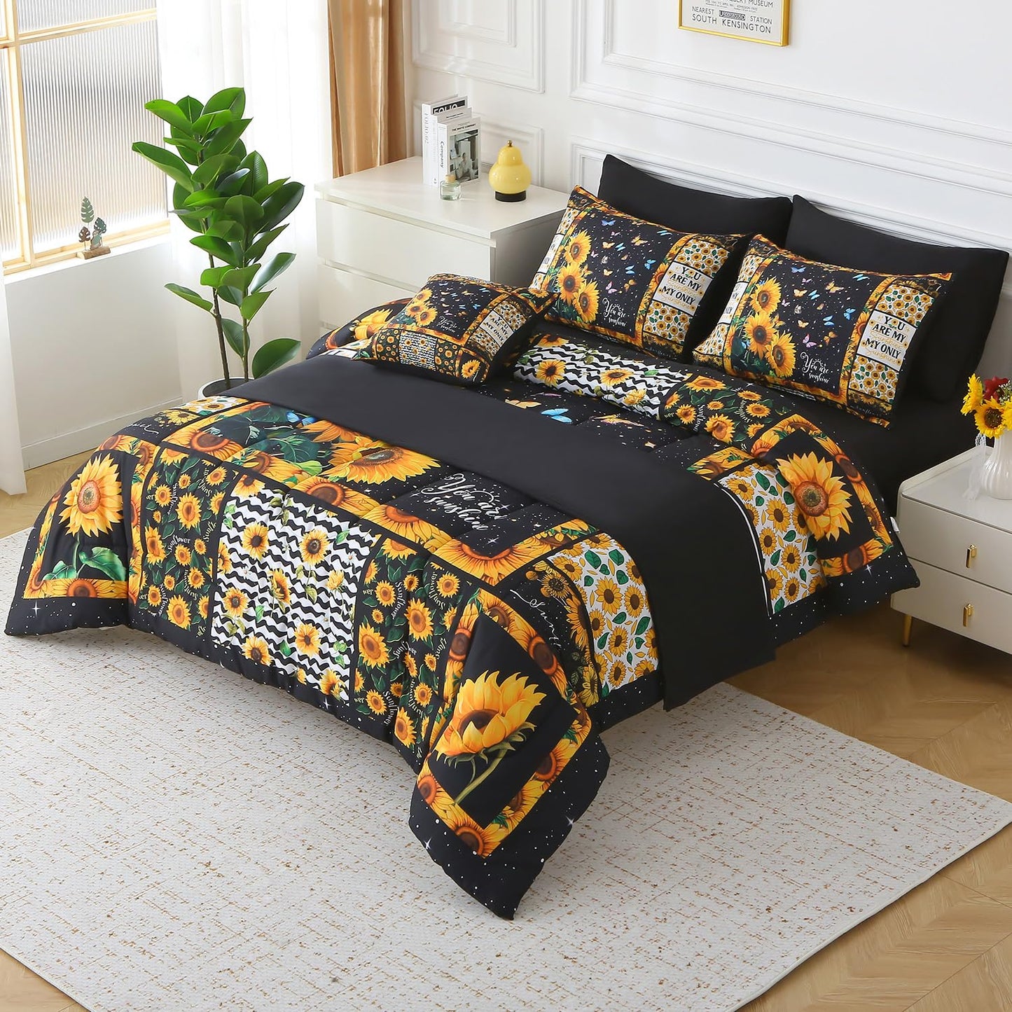 JQinHome Sunflower Comforter Set Twin for Girls Women,6 Piece Bed in A Bag 3D Black Sunflower Theme Butterfly Bedding Set with Sheet Set(Black)