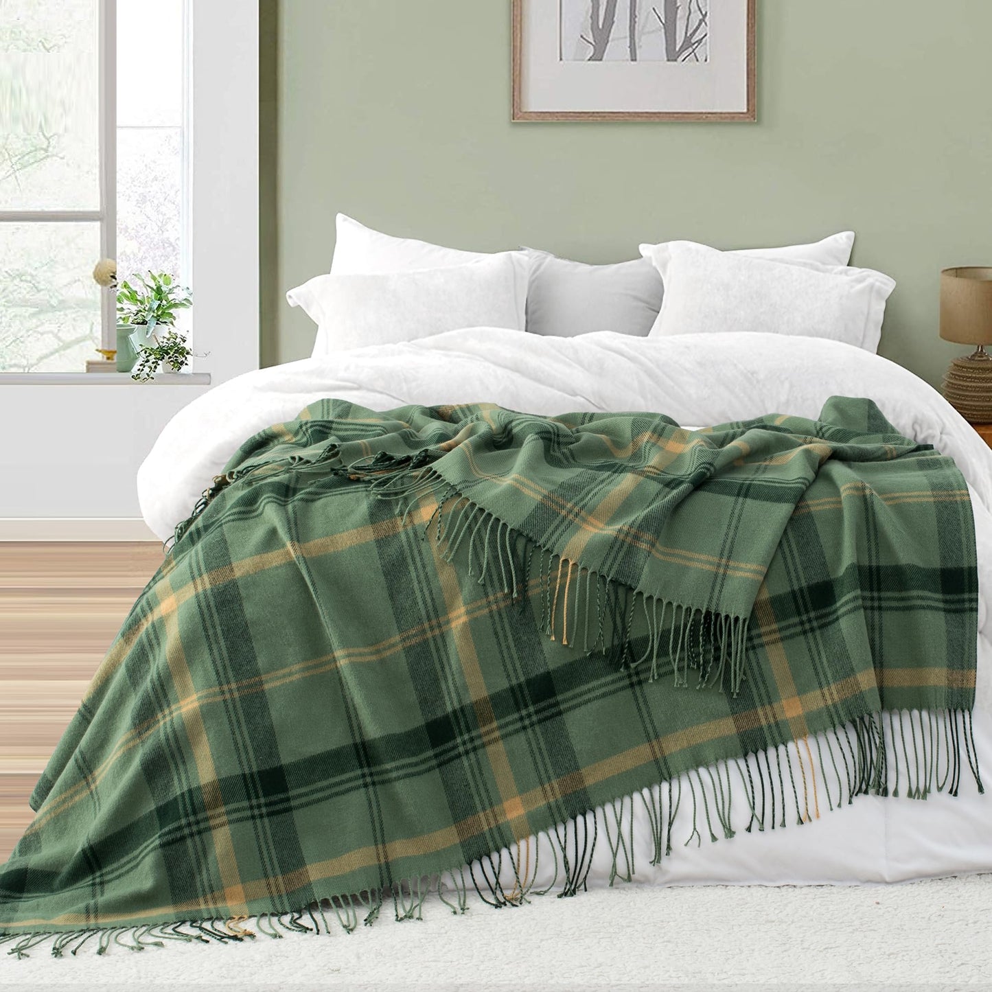 GINAMUSE Green Plaid Throw Blanket for Couch,50"X60" Super Soft Cozy Warm Home Decorative Throw with Tassels for Bed Sofa Picnic
