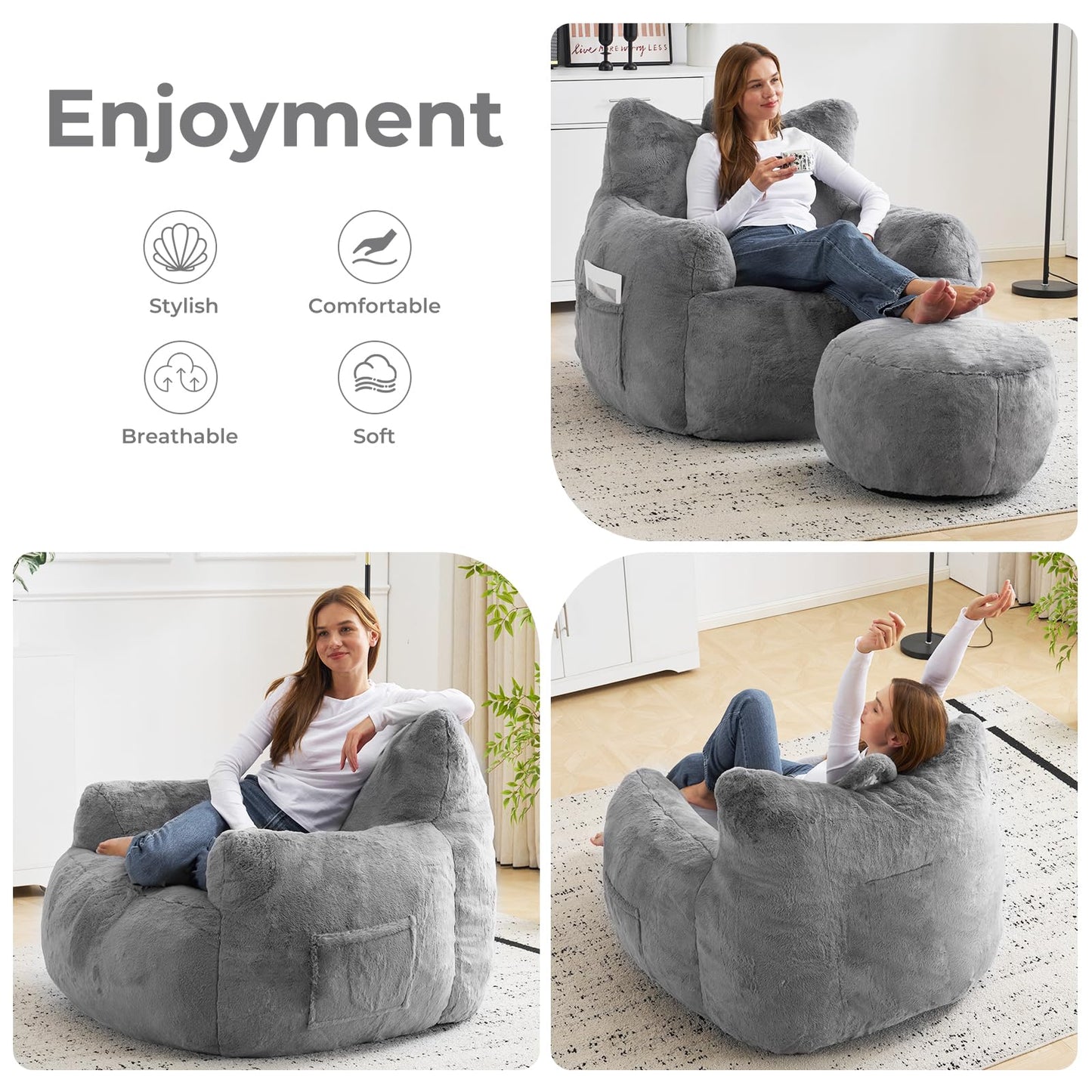Giant Bean Bag Chair for Adults with Ottoman, Oversized Bean Bag with Filling Plush Fluffy,BeanBag Lazy Sofa Couch with Armrest for Bedroom, Stuffed Floor Sofa with Sidepocket for Living Room, Beige