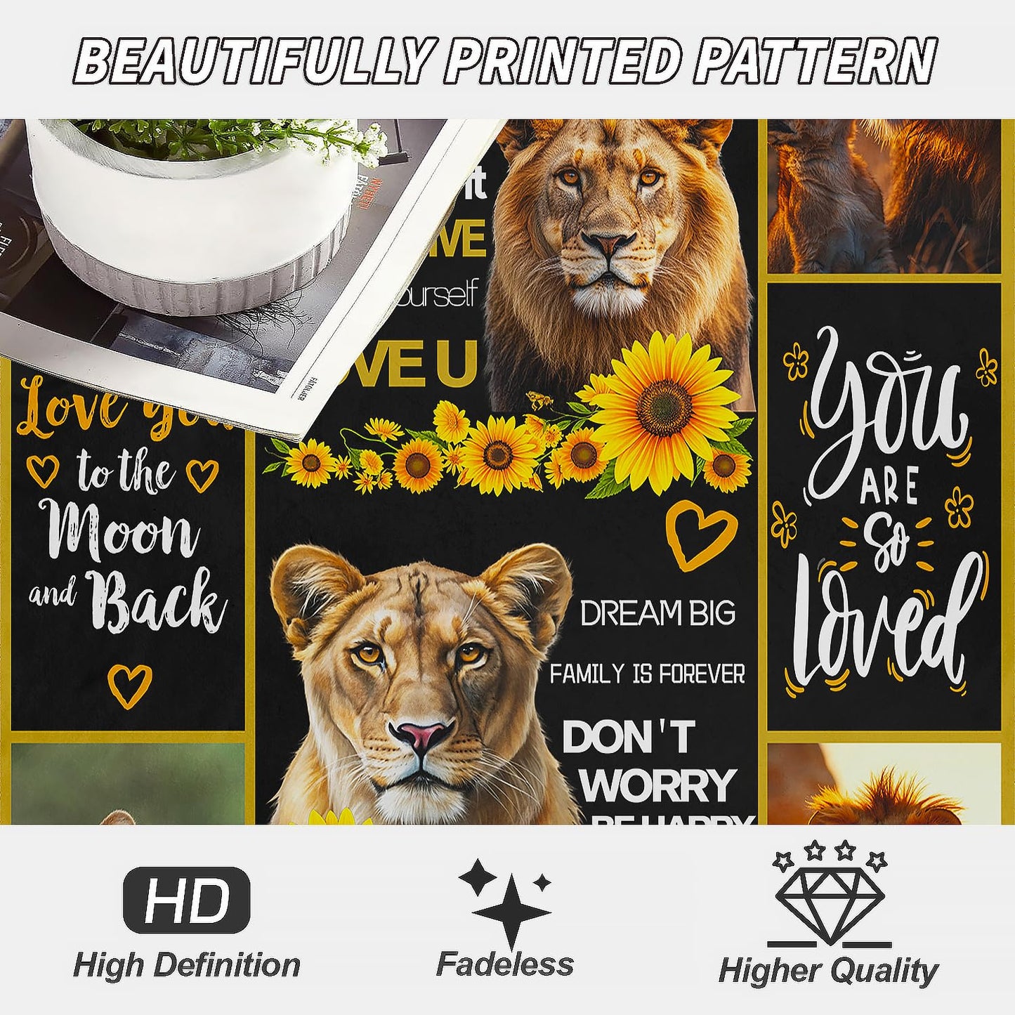 XSMEI Lion Throw Blanket, Sunflower Motivational Quotes, Soft Cozy Fleece Blanket for Couch Bed, 60 x 80 Inches