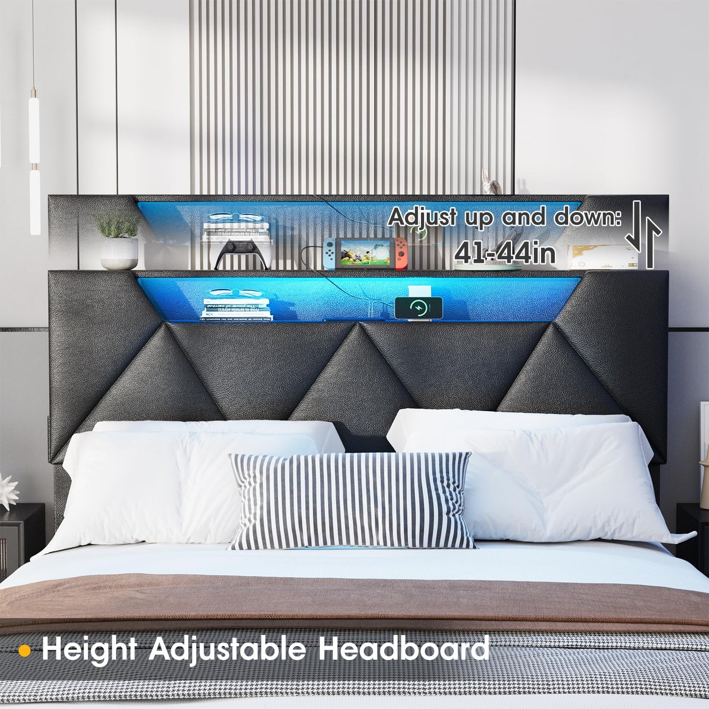 Vabches Full Bed Frame with Storage Headboard and 4 Drawers,Upholstered Platform with Charging Station and Led Lights,Adjustable Headboard with Pu Leather,No Box Spring Needed,Black