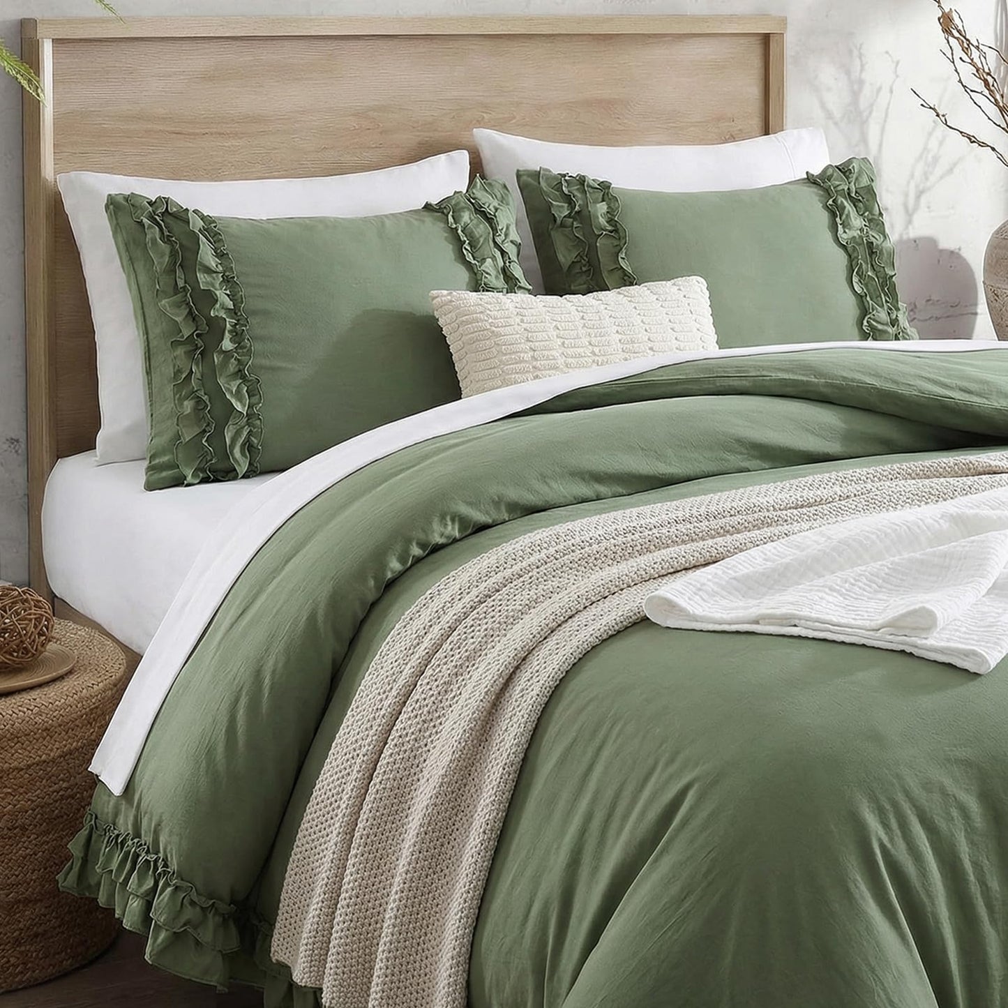 Avocado Green Duvet Cover Queen Ruffled Bedding Set Pleated Ruffle Fringe Shabby Chic Bedding Super Soft Cozy Boho Bedroom Bedding for All Season