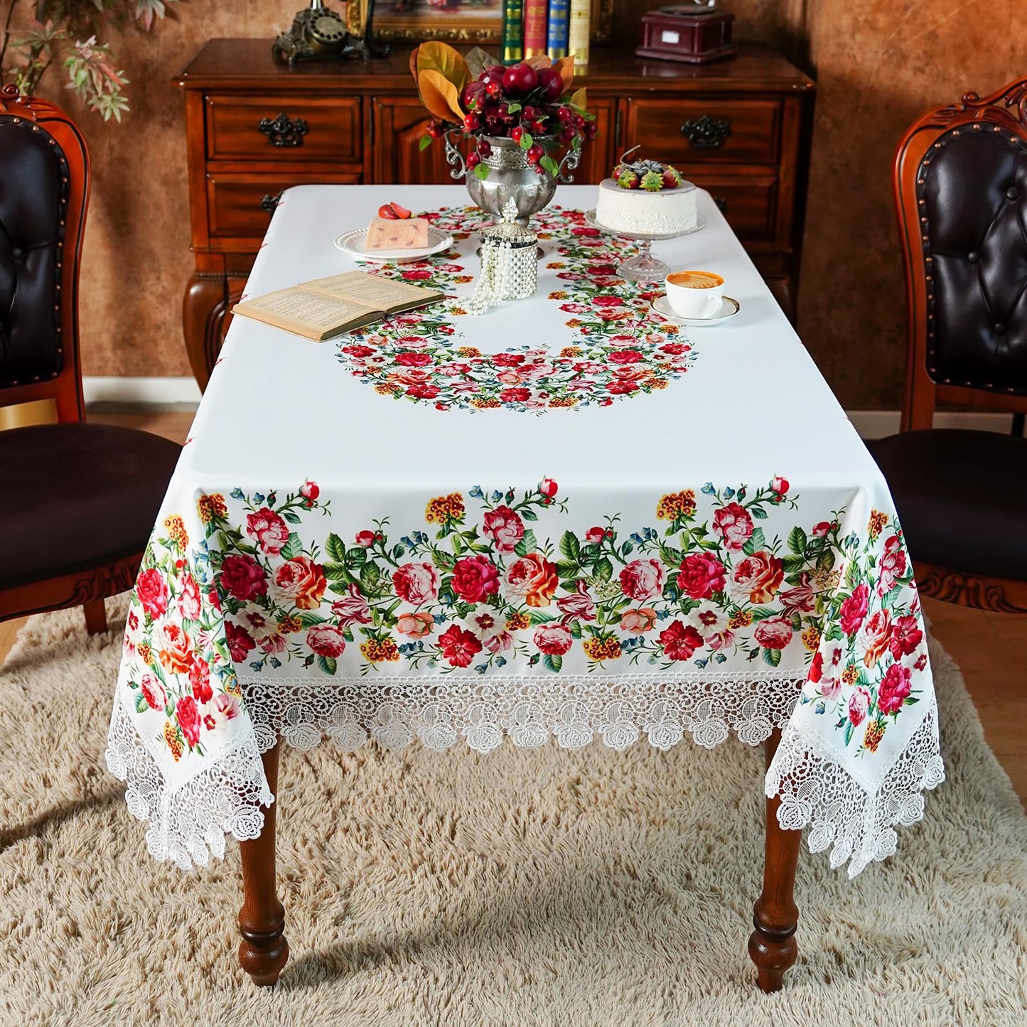 SUTAVIA Floral Lace Tablecloths Waterproof Rectangle Table Cloth Farmhouse Washable Table Cover for Home Holiday Thanksgiving Christmas Party Dining Table (White, 60"x104")