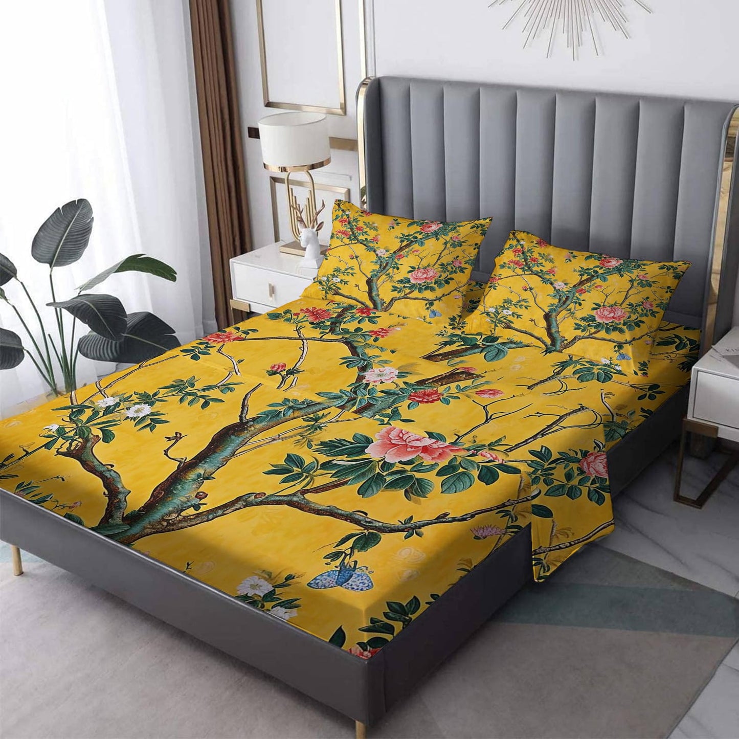 Chinoiserie Flower Sheets Queen Size, Floral Tree Bed Sheets, Yellow Patterned Bedding Sheets & Pillowcases 4 Piece Set - Soft Microfiber Deep Pocket Fitted Sheet & Flat Sheet & 2 Pillow Cases L&n-19