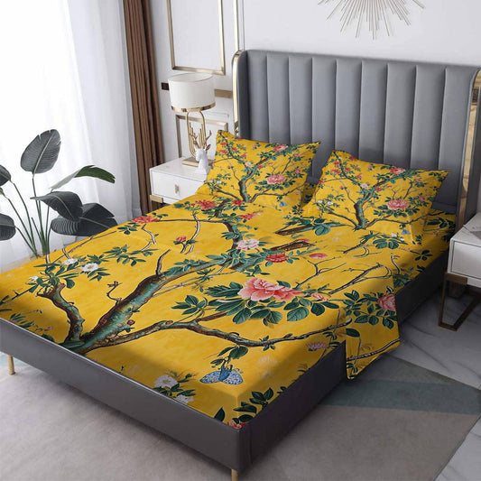 Chinoiserie Flower Sheets Queen Size, Floral Tree Bed Sheets, Yellow Patterned Bedding Sheets & Pillowcases 4 Piece Set - Soft Microfiber Deep Pocket Fitted Sheet & Flat Sheet & 2 Pillow Cases L&n-19