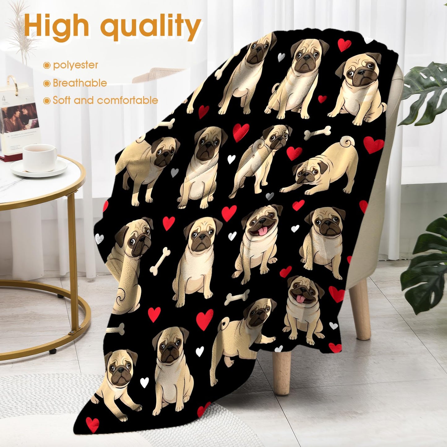 Hohoto Pug Throw Blanket for Girls Women, Gifts for Dog Lovers Birthday Christmas, Puppy Dogs Theme Decor for Home Bedroom Living Room Couch Sofa 50"x60"