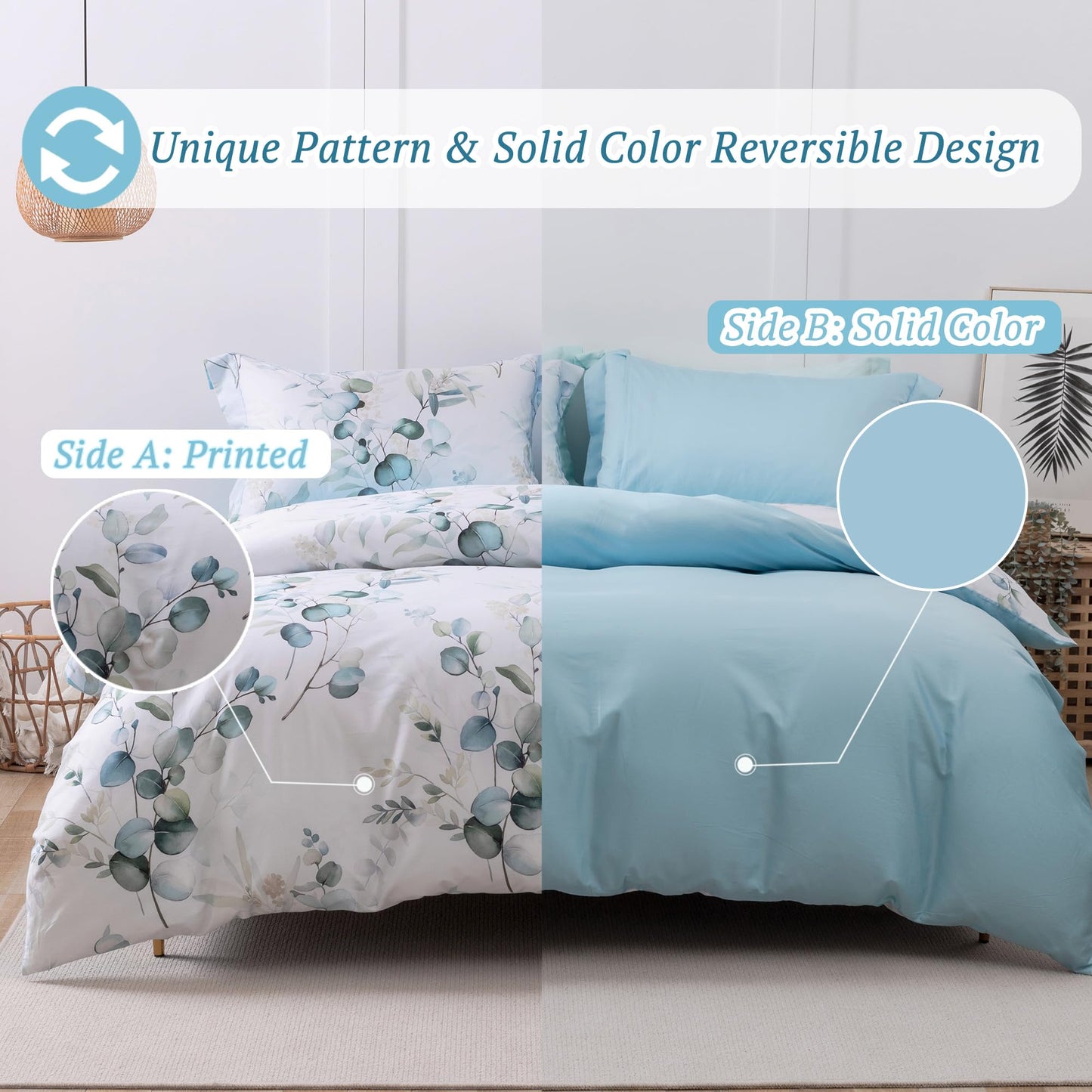 MILDLY 100% Long-Staple Cotton Duvet Cover Set Baby Blue Teal Gradient Leaf Pattern Printed Comforter Cover 3pcs, Ultra Soft & Breathable Bedding Set