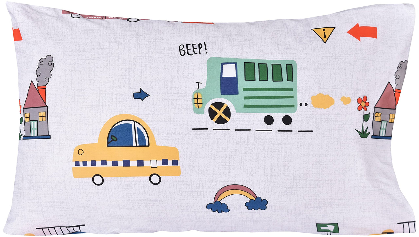 J-pinno Cars Bus Traffic Transport Boys Twin Sheet Set Bedroom Decoration Gift, 100% Cotton, Flat Sheet + Fitted Sheet + Pillowcase Bedding Set (12, Twin)