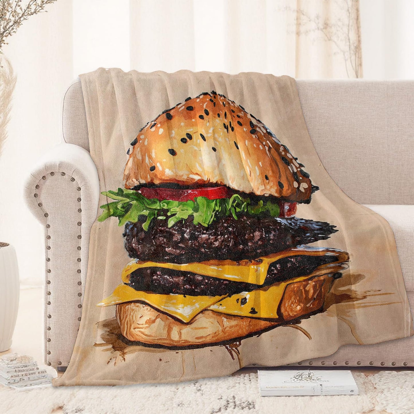 Cheeseburger Blanket 50X60 in, Fun Burger Pattern, Flannel Throw Blankets for Travel Camping Sofa Living Room Decor, Lightweight Cozy Soft Fuzzy Gifts for Kids Boys Girls Women
