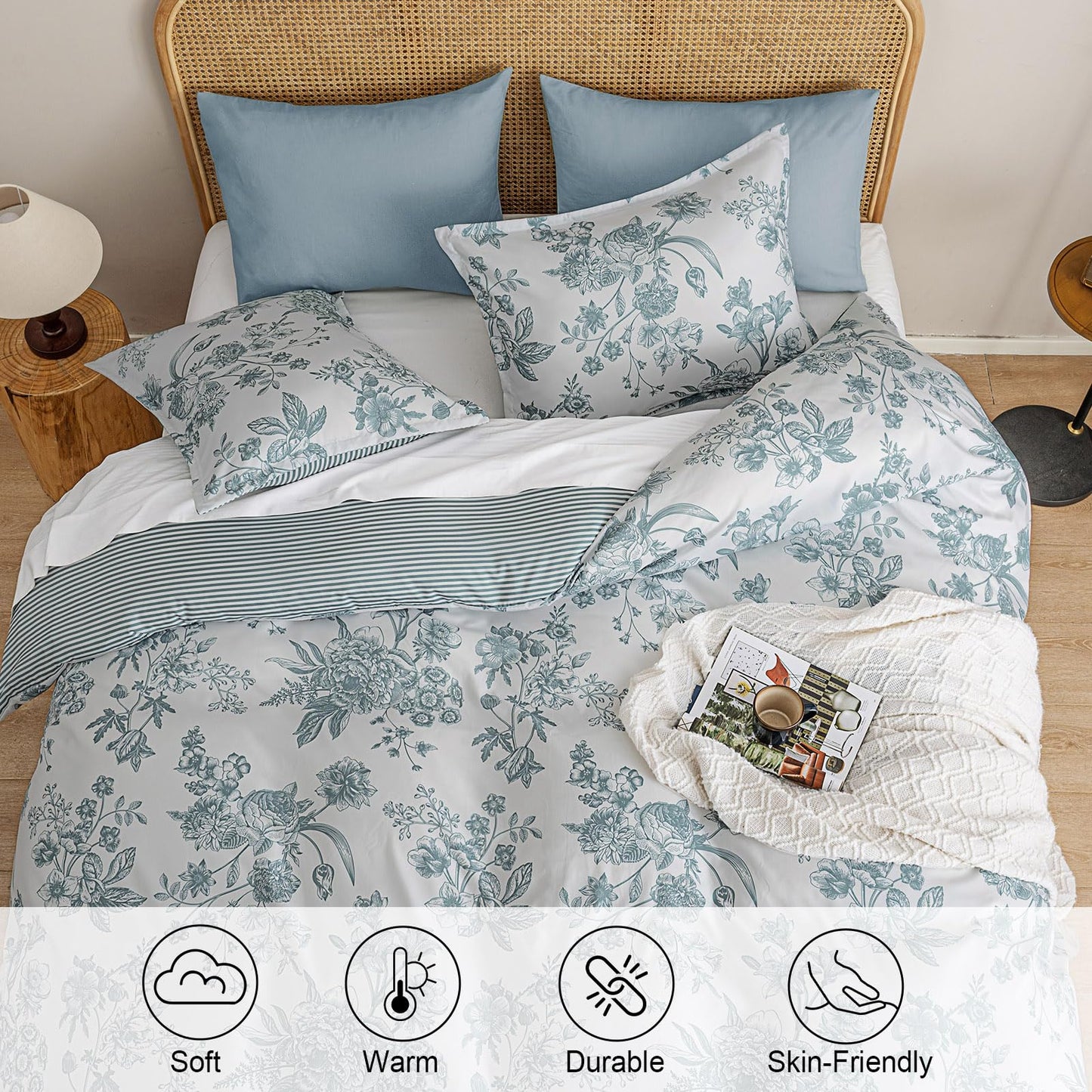 PHF Ultra Soft Floral Duvet Cover Queen Size, Printed Bedding Set 3 Pieces, Comfy Farmhouse Pattern Duvet Cover Set with 2 Pillow Shams, Zipper Closure and 8 Ties, 90"x90", Flower-Blue