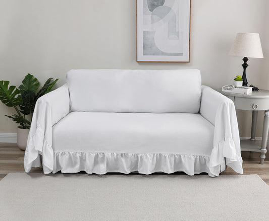 Castle Selection Rustic Linen Sofa Cover with Tie Strings, Full Couch Protector Durable Throw Slipcover Ruffled Edge (White, Sofa)