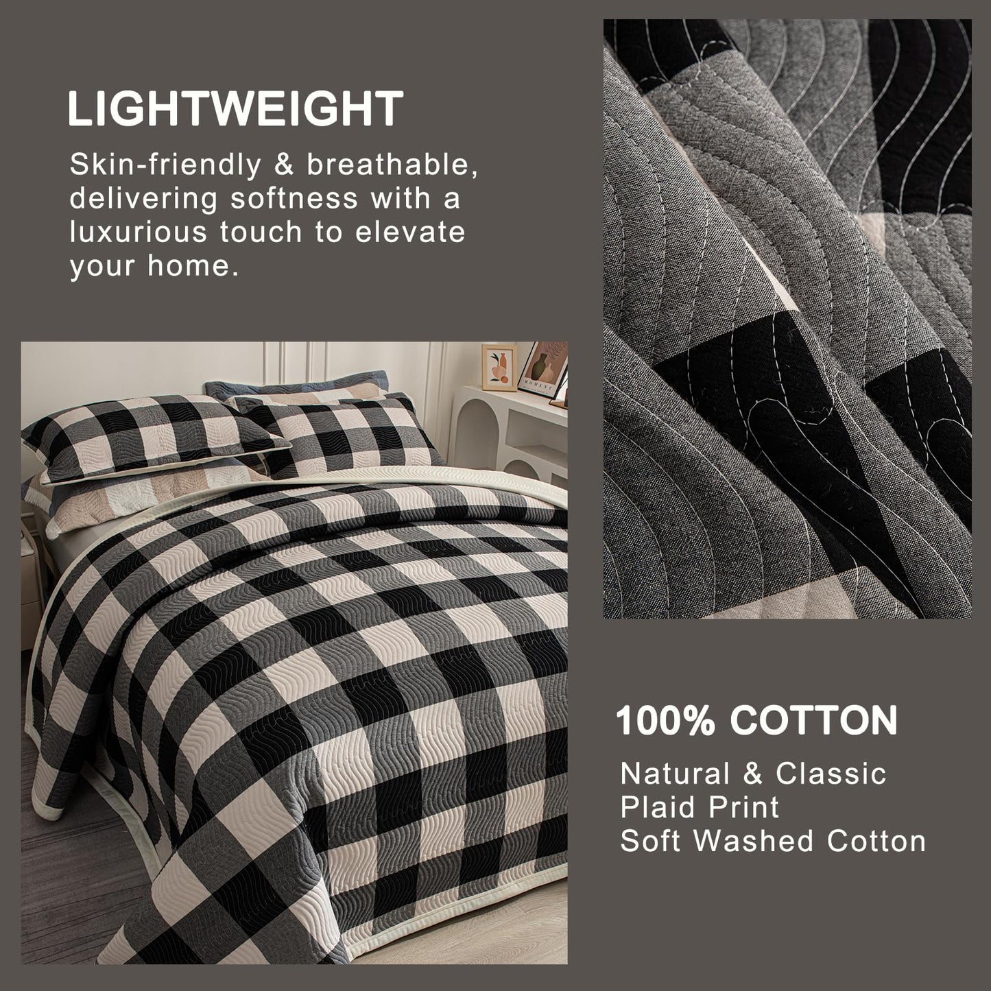 tohrisa Cotton Plaid Quilt Set, Ultra Soft 3 Pieces King Size Bedding with 2 Pillow Shams, Lightweight Reversible Coverlet Bedspread with Wave Quilting for Summer, 108"x96", Grid-Black White