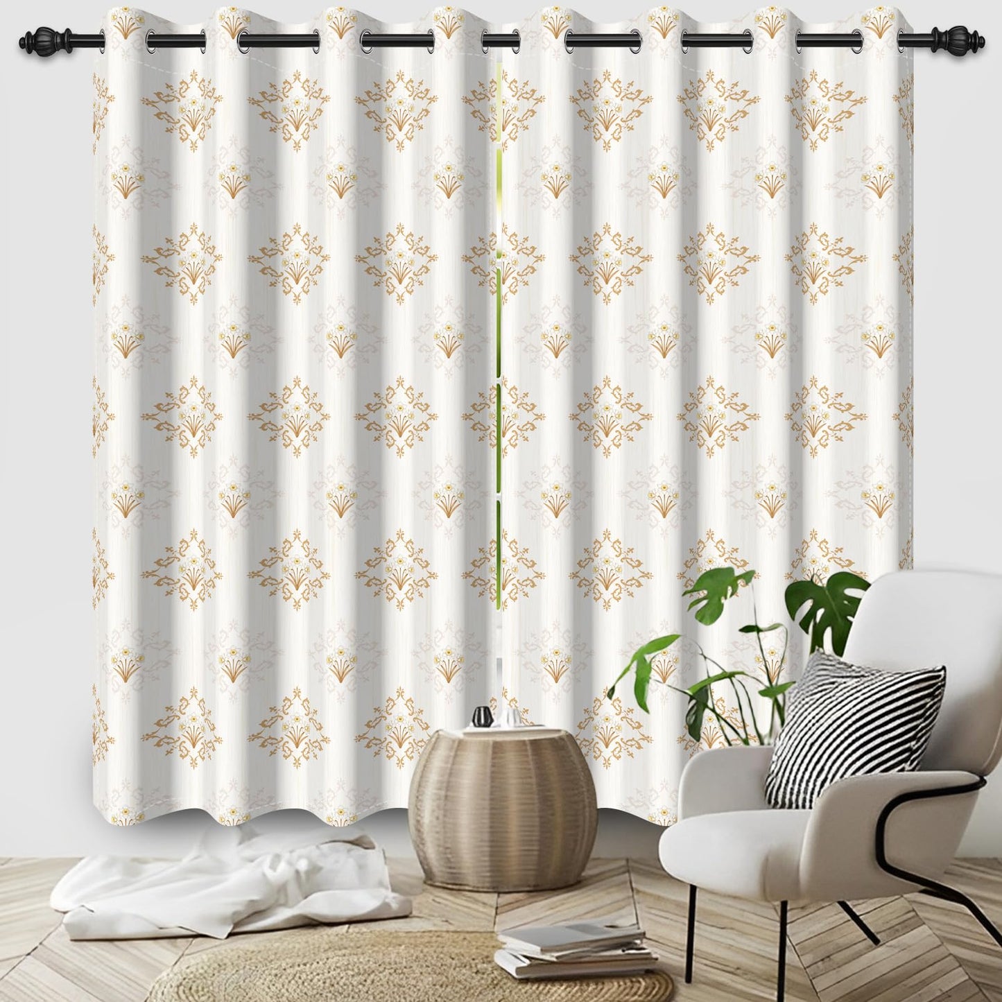 Xiazhilaio Cream and Gold Blackout Curtains 2 Panels Set - Geometric Floral Damask Printed Grommet Window Drapes for Bedroom Living Room, Thermal Insulated Room Darkening Curtains 84 Inches Long