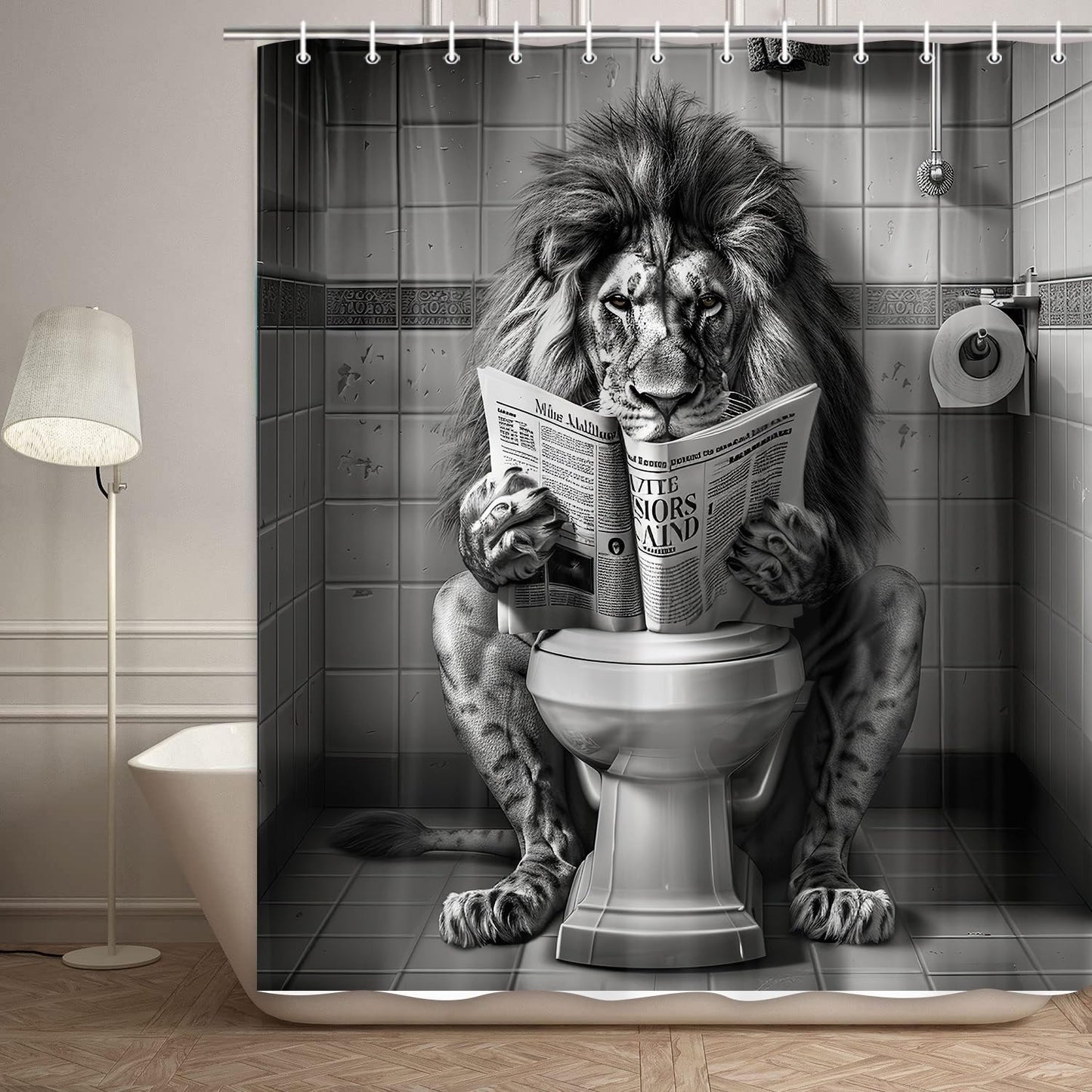 JAWO Funny Cool Lion Shower Curtain, Fun Leo Wild Masculine Animal Humor Leo Animal on Toilet Shower Curtains Set, African American Grey and White Mens Shower Curtains Bathroom with Hooks 72x72