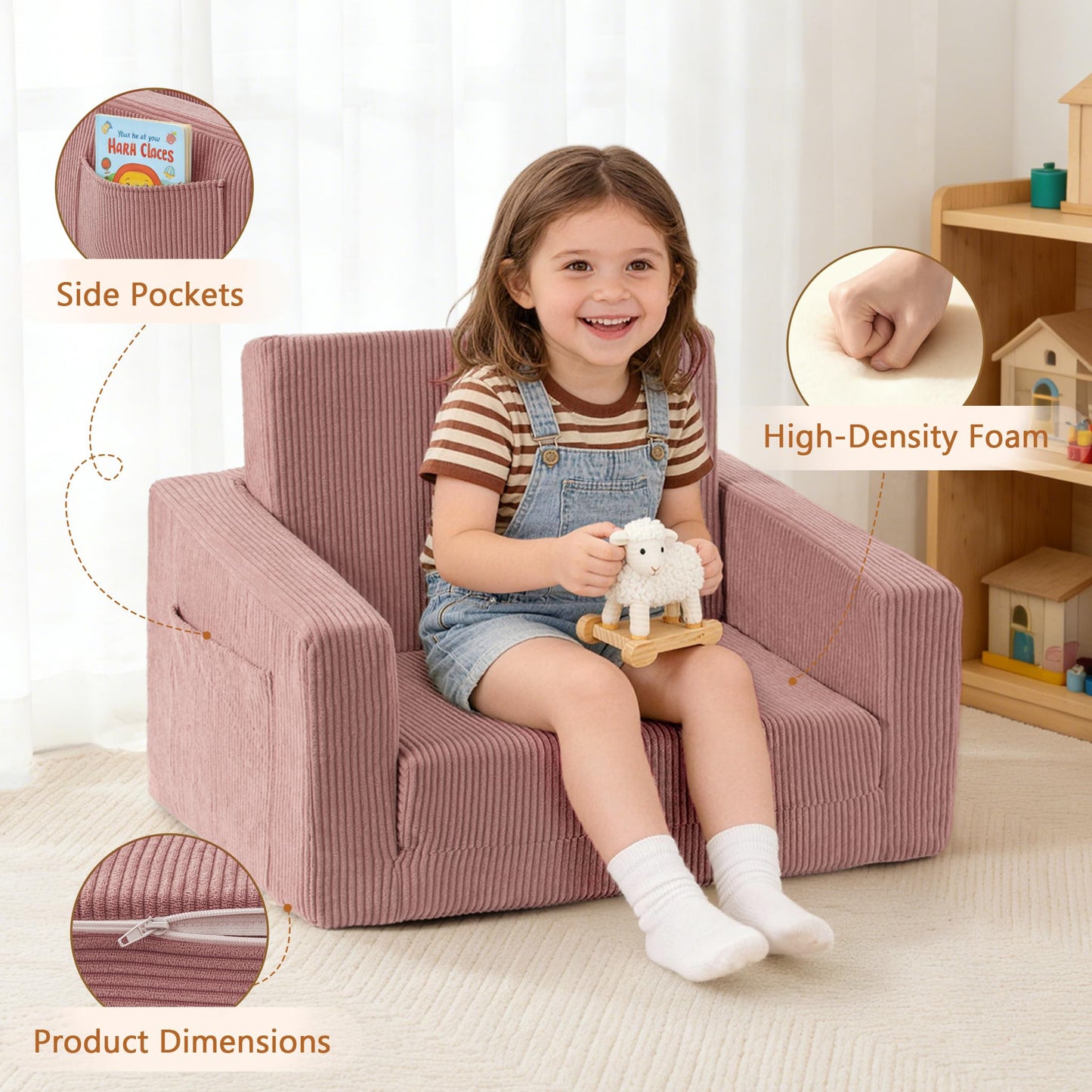 Bubble Ball Comfy Kids Couch, 2-in-1 Foldable Kids Sofa Chair, Pink