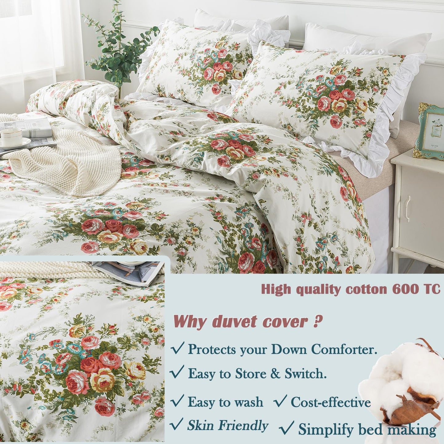 FADFAY Floral Duvet Cover Set King/Cal King（102×96 inches） 100% Cotton Ruffle Vintage Rose Comforter Cover Set, Red Teal Flower Printed Off White Girls Shabby Bed Covers,Soft and Breathable, 3Pcs
