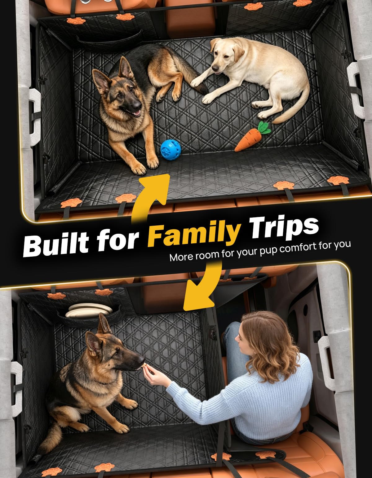 JOYTUTUS Back Seat Extender for Dogs, PU Leather Dog Car Seat Cover for Back Seat with Hard Bottom, Dog Hammock with Mesh Window, Dog Car Seat Cover for Sedans SUVs Small Trucks, Holds 440 lbs