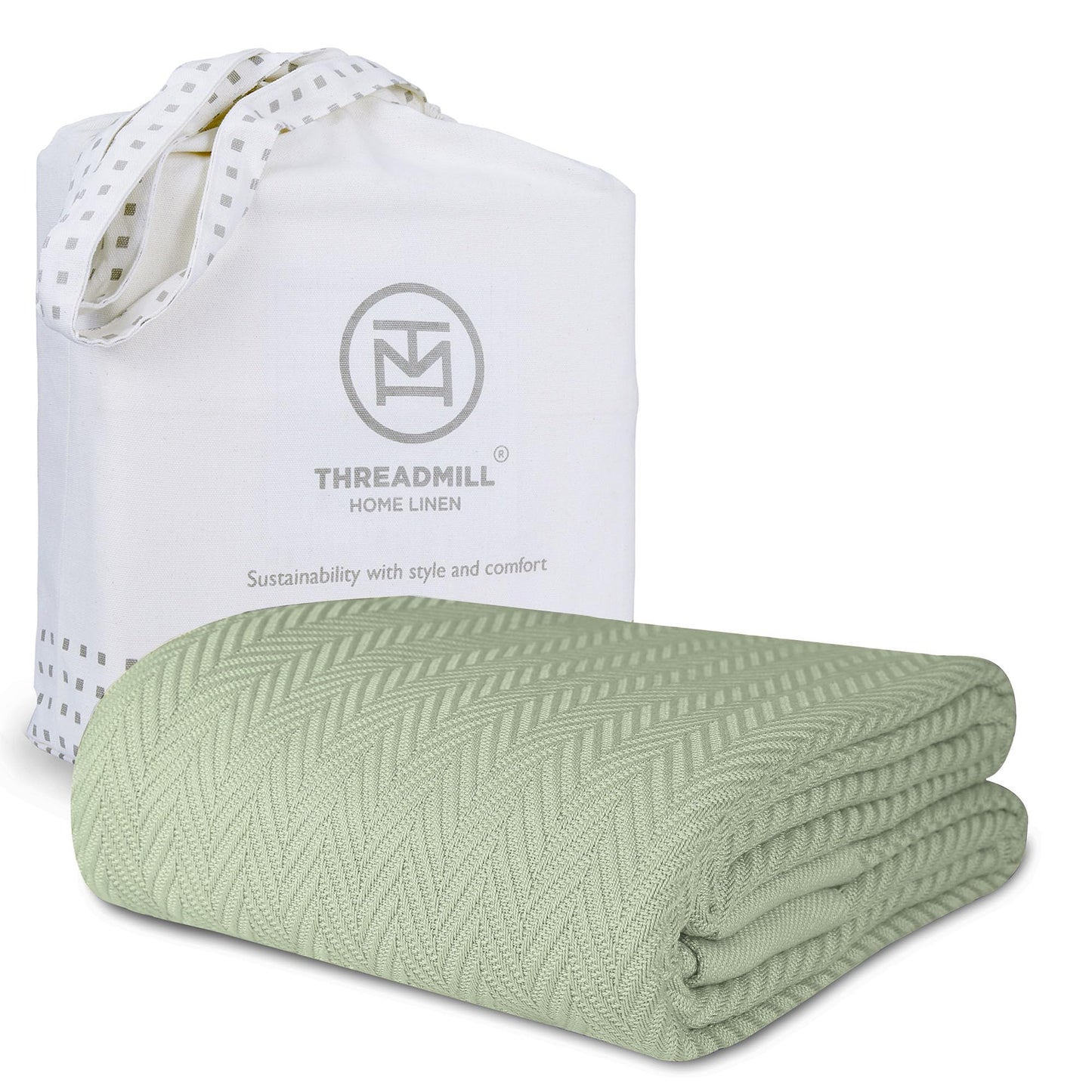 Threadmill Luxury Cotton King Size Blanket | All-Season Cozy Cotton Blankets for King Size Bed | Herringbone Soft Fall Thermal Blanket fits California King Size Bed 106 x 92 | Sage Green