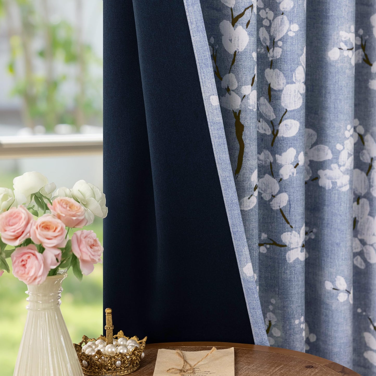 FMFUNCTEX 100% Blackout Floral Curtains for Bedroom, Blue Curtains 84 inch Length Blossom Flower Patterned for Living Room, Thermal Insulated Farmhouse Drapes, Rod Pocket 2 Panels (White on Blue)