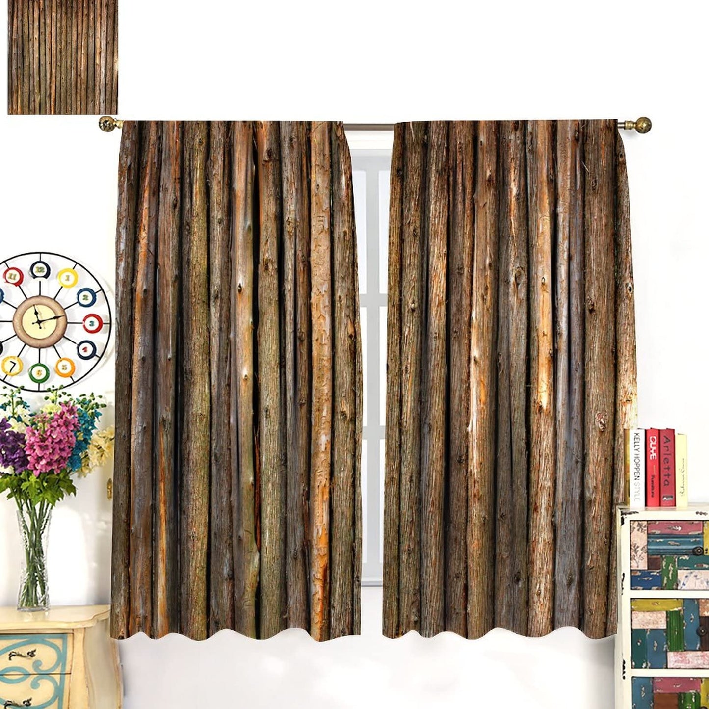 GoDazzling Rustic Wooden Barn Door Blackout Windows Curtains, Old Wood Texture A Row of Wooden Posts, for Living Room Bedroom 42x45in 2 Panels
