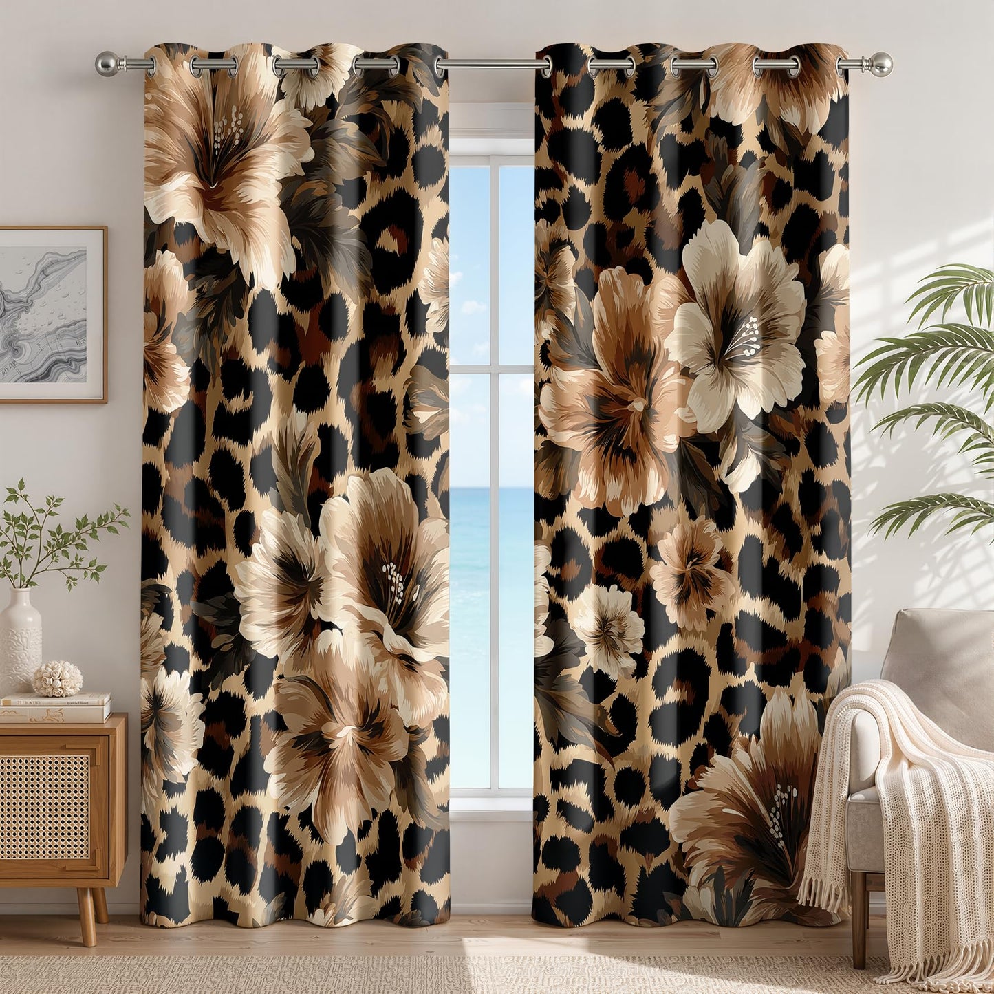 Leopard Print Patterned Curtains Blackout, Thermal Insulated Room Darkening Grommet Drapes for Bedroom Living Room, 84 Inch Curtains 2 Panel Set, Tropical Floral Cheetah Wild Animal Window Treatments