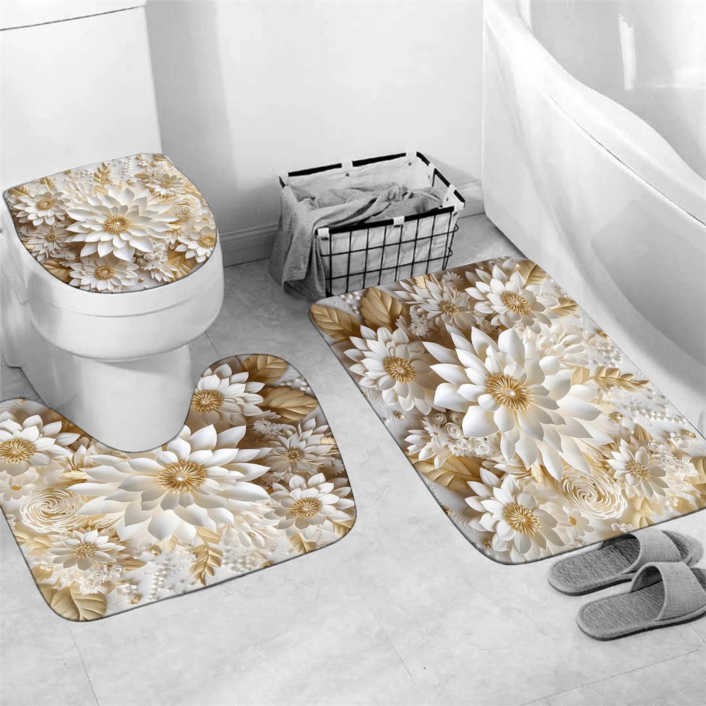 Chrainy 4Pcs 3D Floral Shower Curtain Sets Elegant White Blossom Flowers Bathroom Accessories Set Modern Minimalism Waterproof Spring Bathroom Decor with Rugs and 12 Hooks