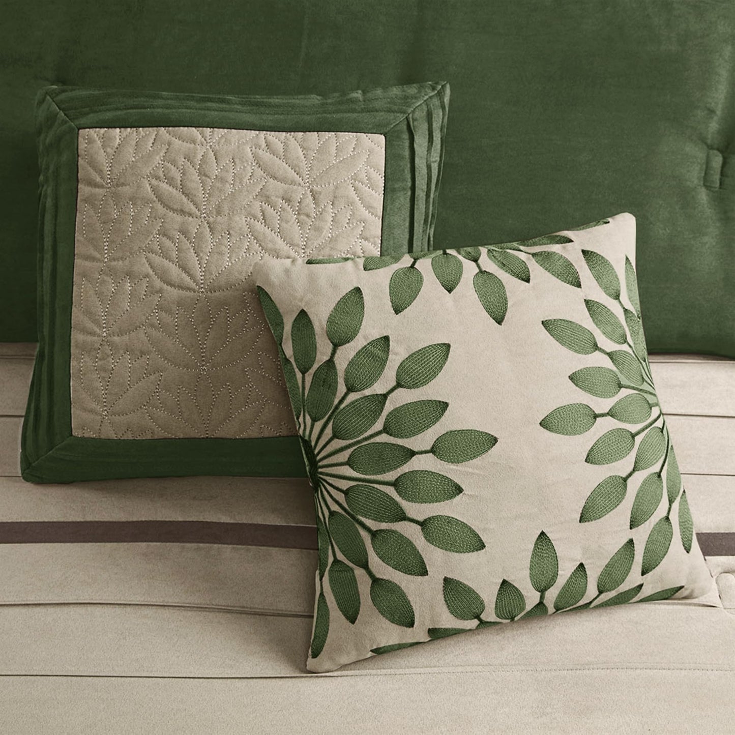 Madison Park Palmer Comforter Set-Luxury Faux Suede Design, Striped Accent, All Season Down Alternative Bedding, Matching Shams, Decorative Pillow, Bed Skirt, King (104 in x 92 in), Green 7 Piece