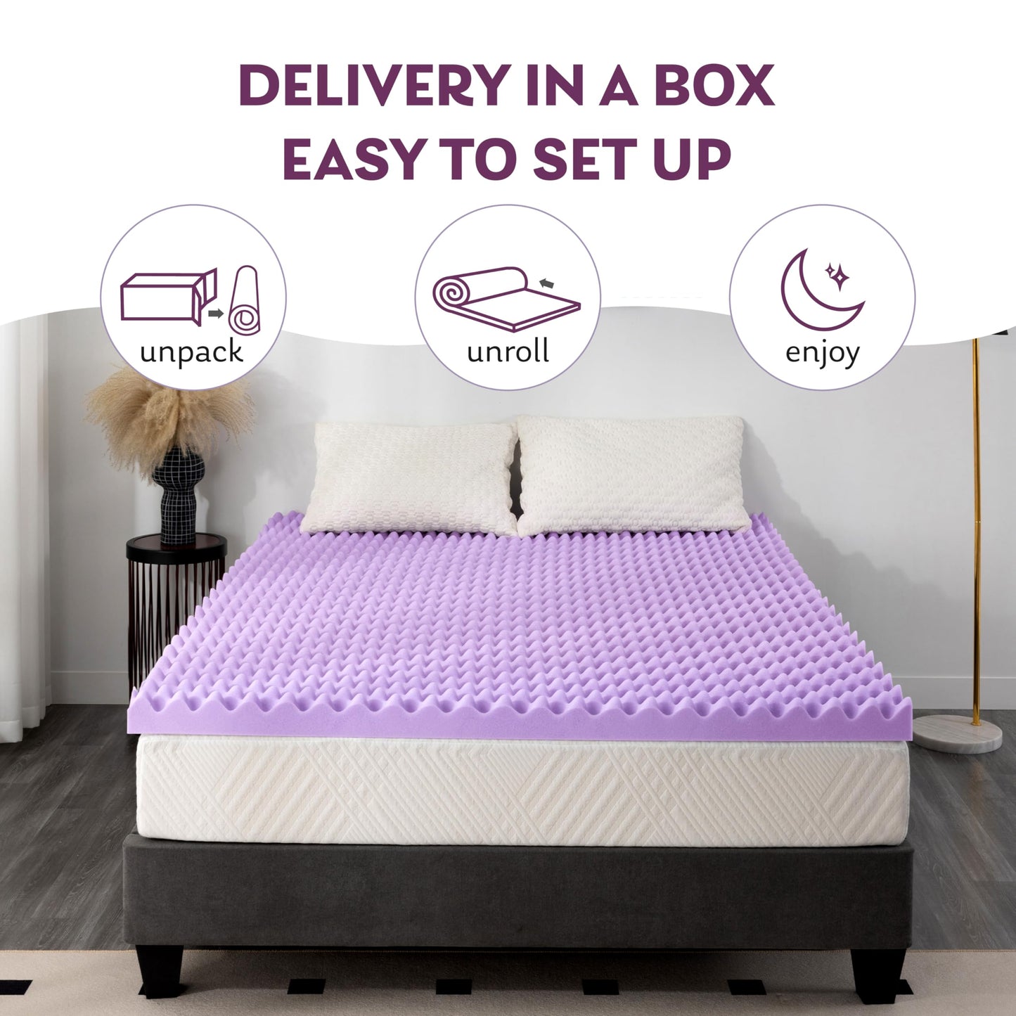 3 Inch Egg Crate Queen Memory Foam Mattress Topper, Lavender Scent Gel Infused Foam Mattress Topper for Pressure Relief, CertiPUR-US Certified Queen Bed Topper, Purple, 60"×80"