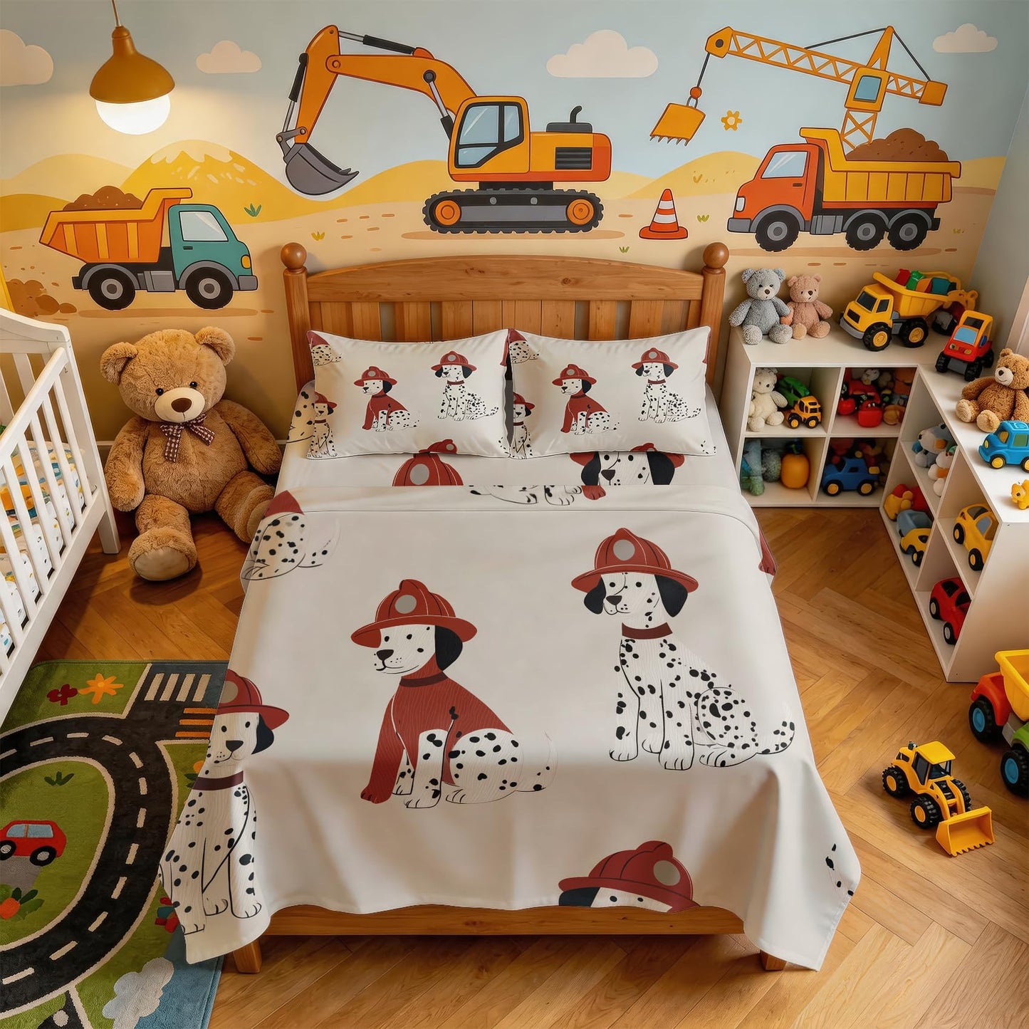 Firefighter Dog Twin Bedding Set Dalmatian Sheet Sets, Red Beige