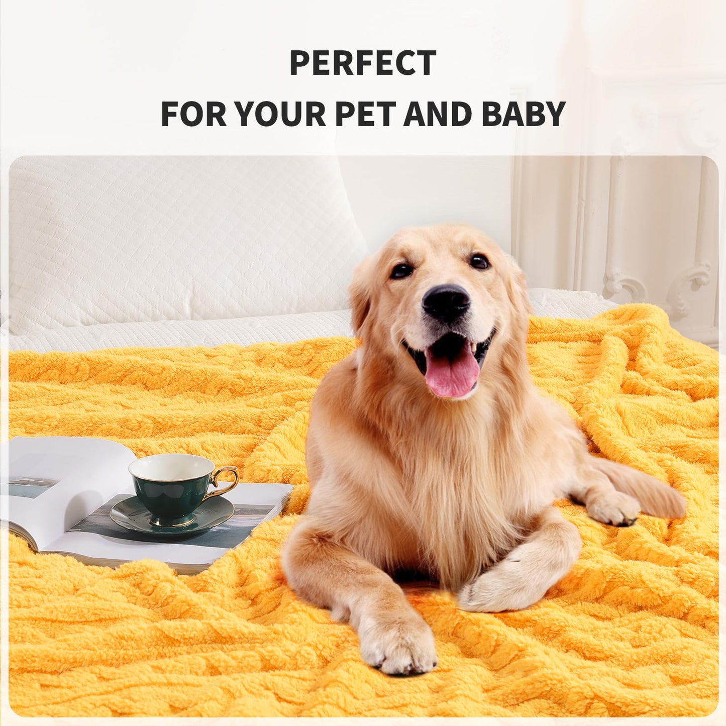 FY FIBER HOUSE Sherpa Blanket - 3D Pattern Design Yellow Throw Blanket for Sofa Couch, Bed, Warm Super Soft Cozy Microfiber Fleece Blanket for Living Room, Throw 50”x60”