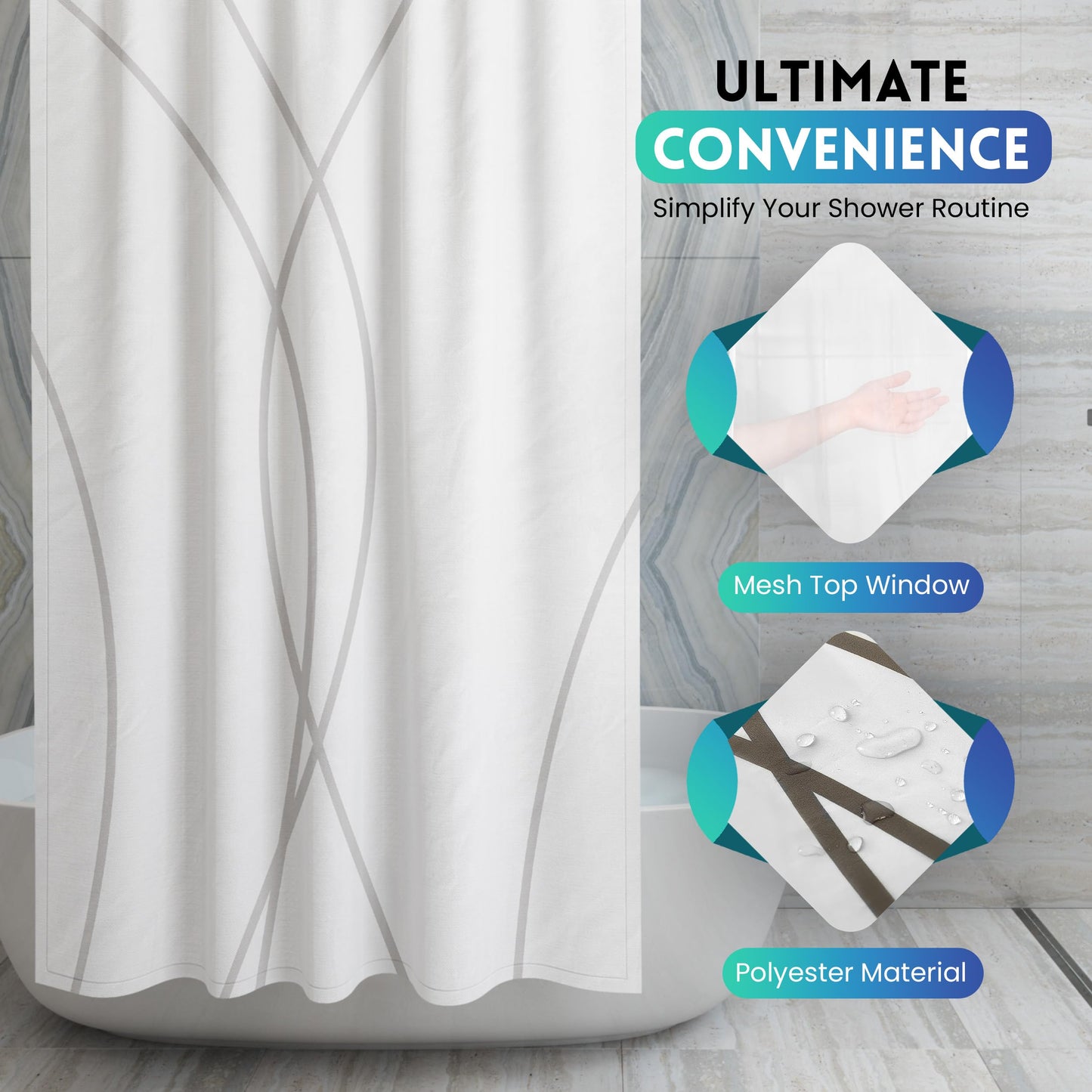 No Hook Shower Curtain with Snap in Liner - Fabric with Mesh Window - No Hook Shower Curtain and Liner Set - White Shower Curtain Liner for Bathroom - 71 x 74 inches