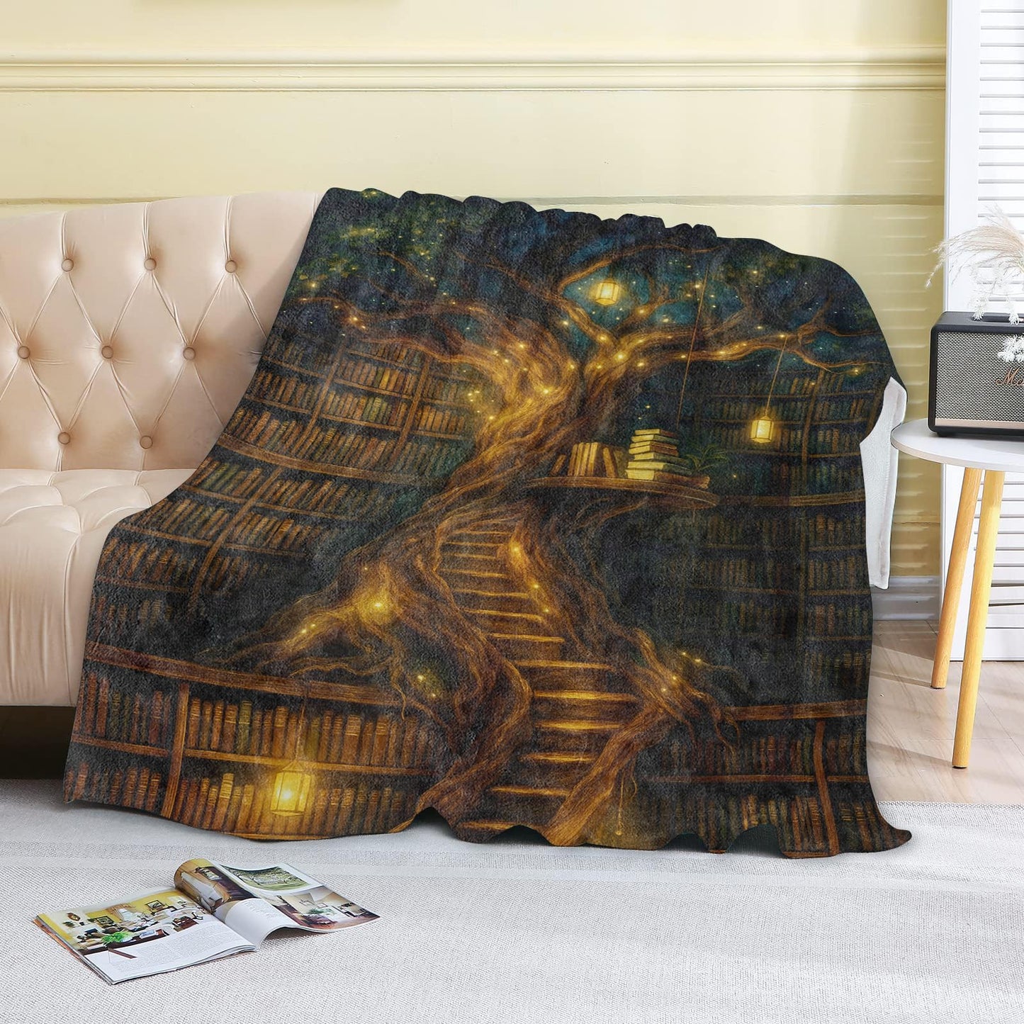 coedoaes Fantasy Book Tree Fleece Blanket,50x60in,Magical Library with Glowing Lanterns and Staircase Throw Blankets,Soft Cozy Lightweight, Ideal for Bed Living Room Home Romantic Decor,Women Gifts