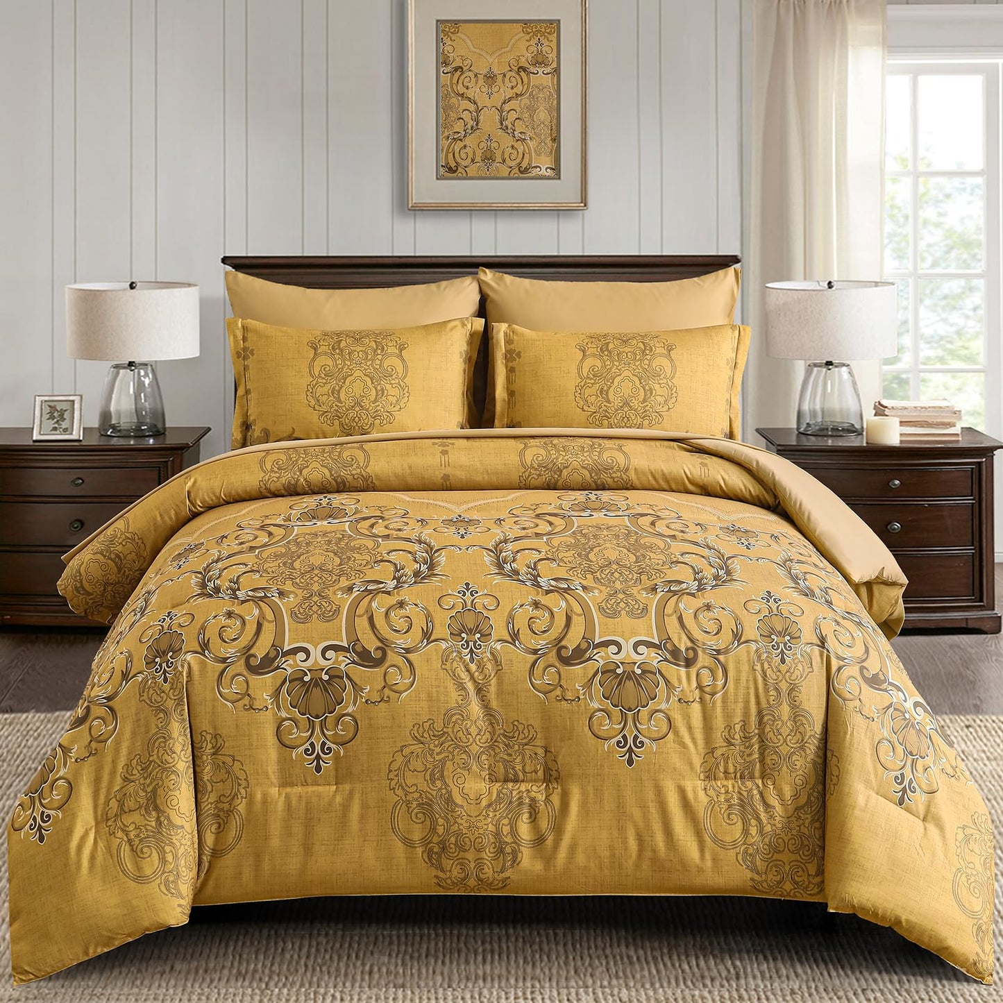 Mybedsoul Gold Queen Comforter Set, 7 Pieces Boho Bed in a Bag for Queen Bed, Damask Comforter with Sheets Pillowcases, Soft Microfiber Lightweight Bedding Sets for All Season(90"x90")