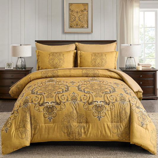Mybedsoul Gold Queen Comforter Set, 7 Pieces Boho Bed in a Bag for Queen Bed, Damask Comforter with Sheets Pillowcases, Soft Microfiber Lightweight Bedding Sets for All Season(90"x90")